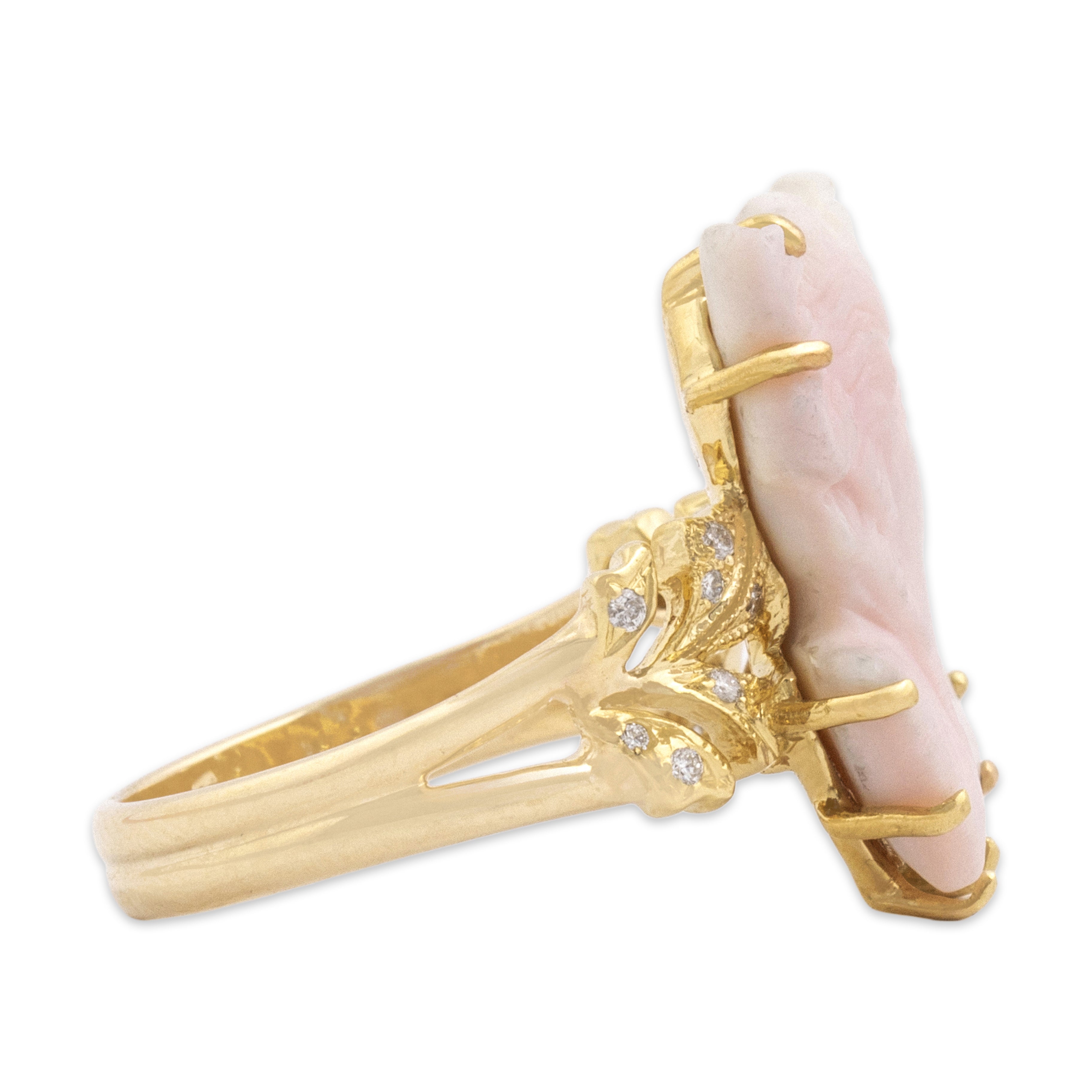 Vintage 14k Yellow Gold Diamond Shell Lovely Leafy Lady Profile Ring - Side view