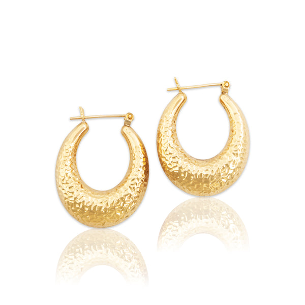 Vintage 14k Yellow Gold Gleaming Textured Oblong Hoop Earrings