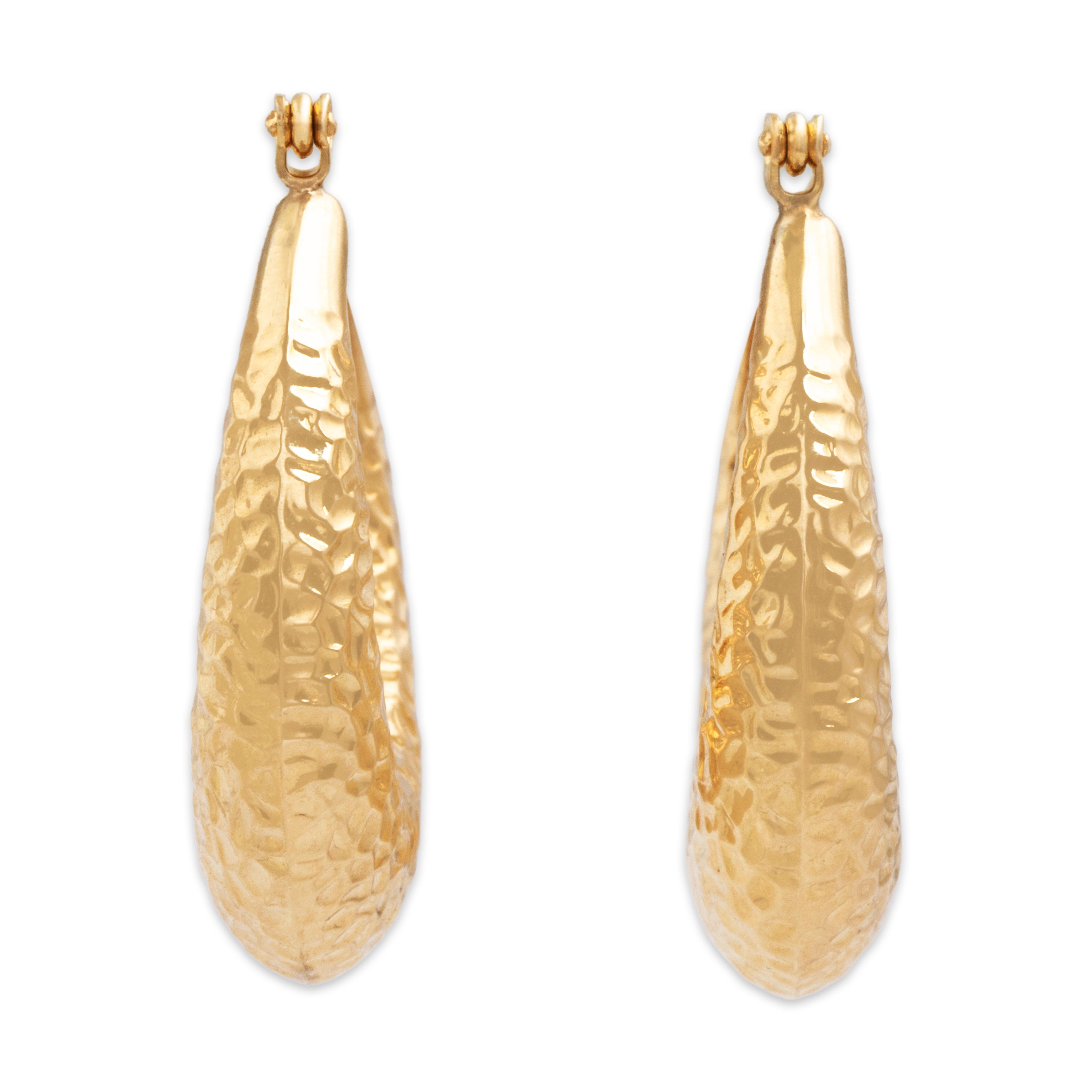 Vintage 14k Yellow Gold Gleaming Textured Oblong Hoop Earrings - Overall view