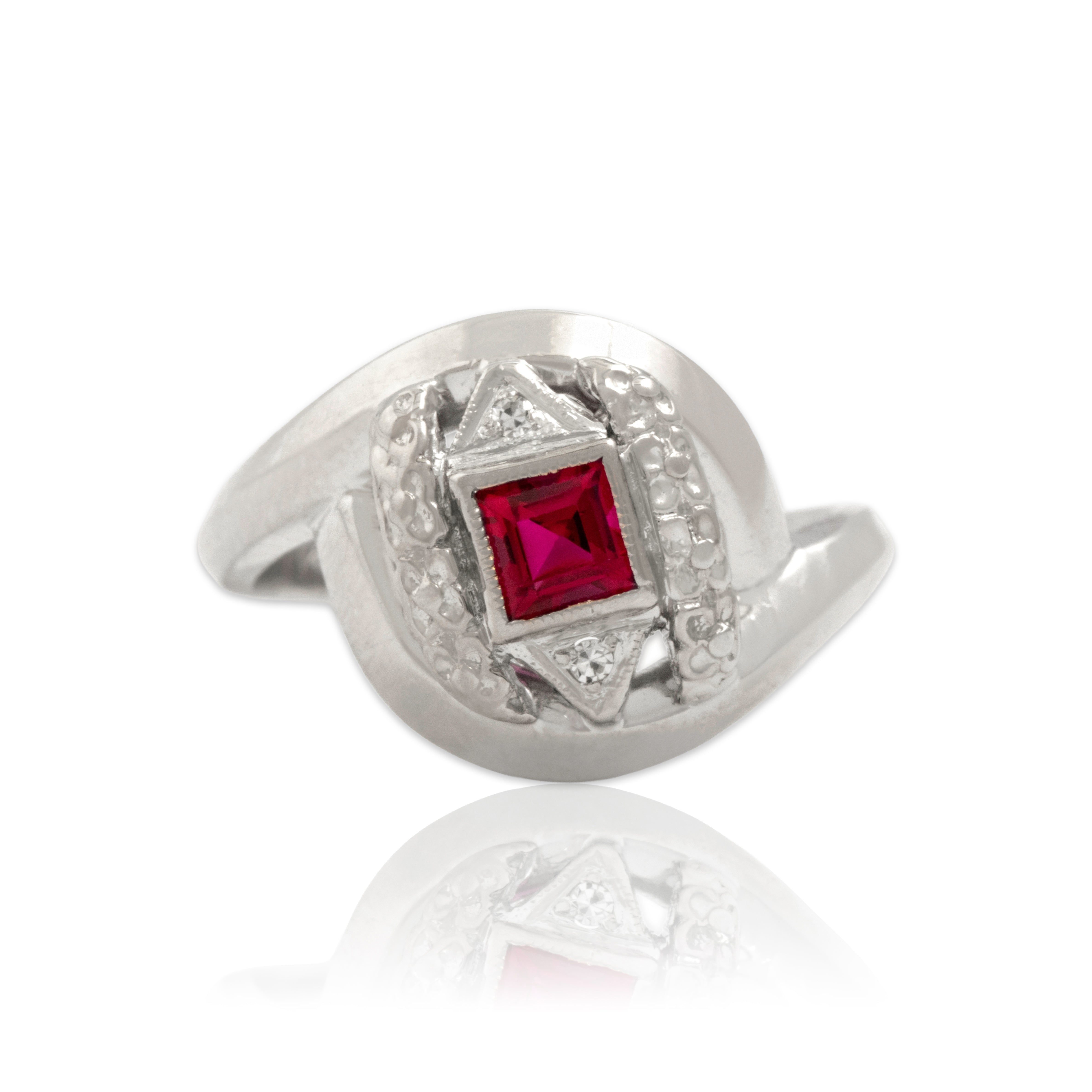 Antique 14k White Gold Synthetic Ruby Natural Diamond Diagonal Detail Ring 5.25