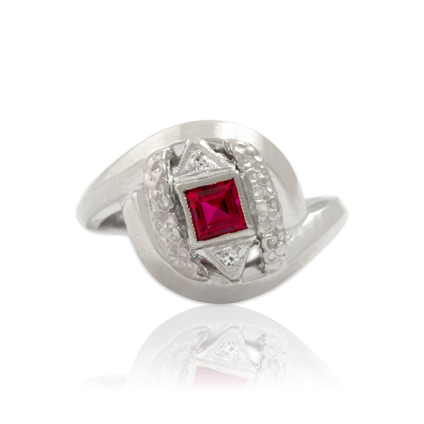 Antique 14k White Gold Synthetic Ruby Natural Diamond Diagonal Detail Ring 5.25