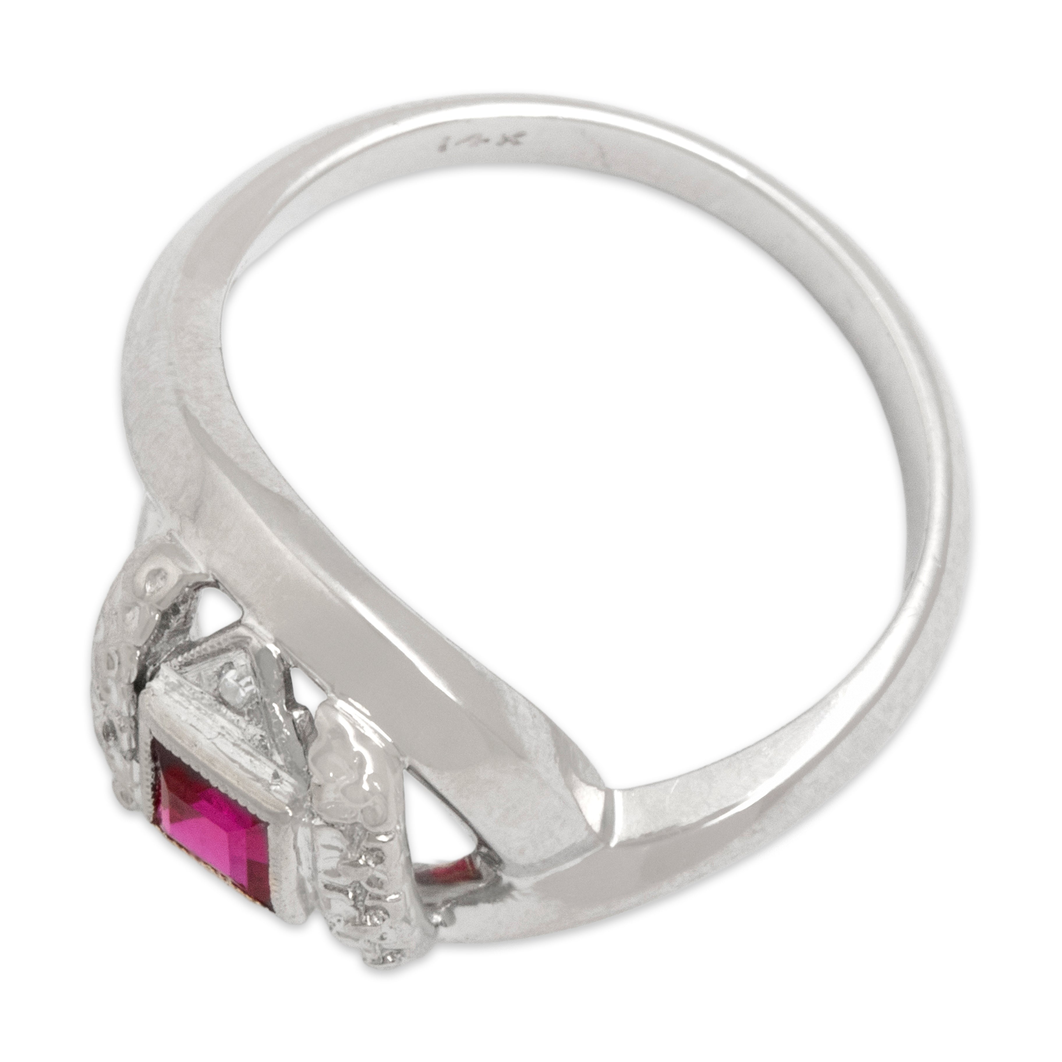 Antique 14k White Gold Synthetic Ruby Natural Diamond Gleaming Diagonal Flower Detail Ring - Overall view
