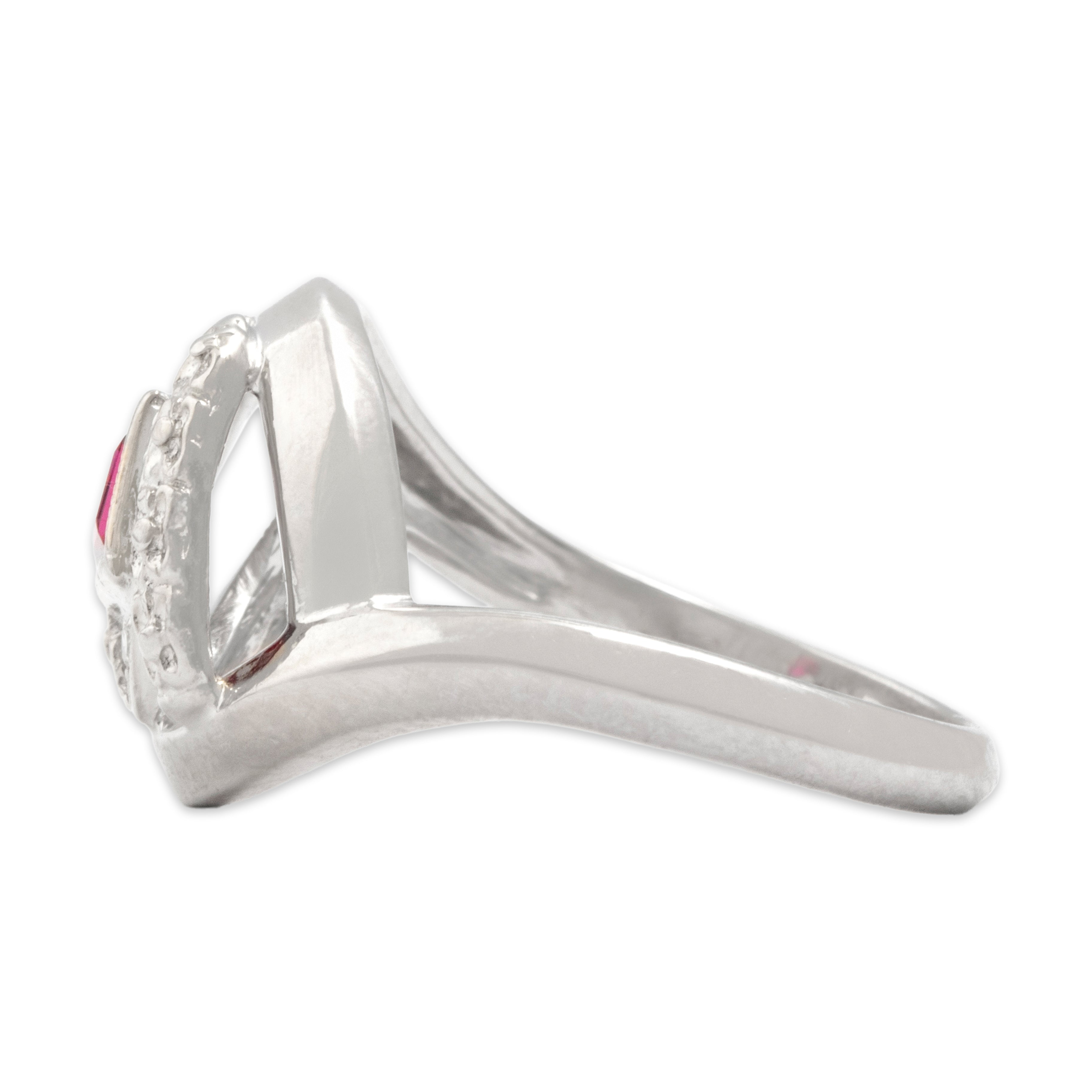 Antique 14k White Gold Synthetic Ruby Natural Diamond Gleaming Diagonal Flower Detail Ring - Side view