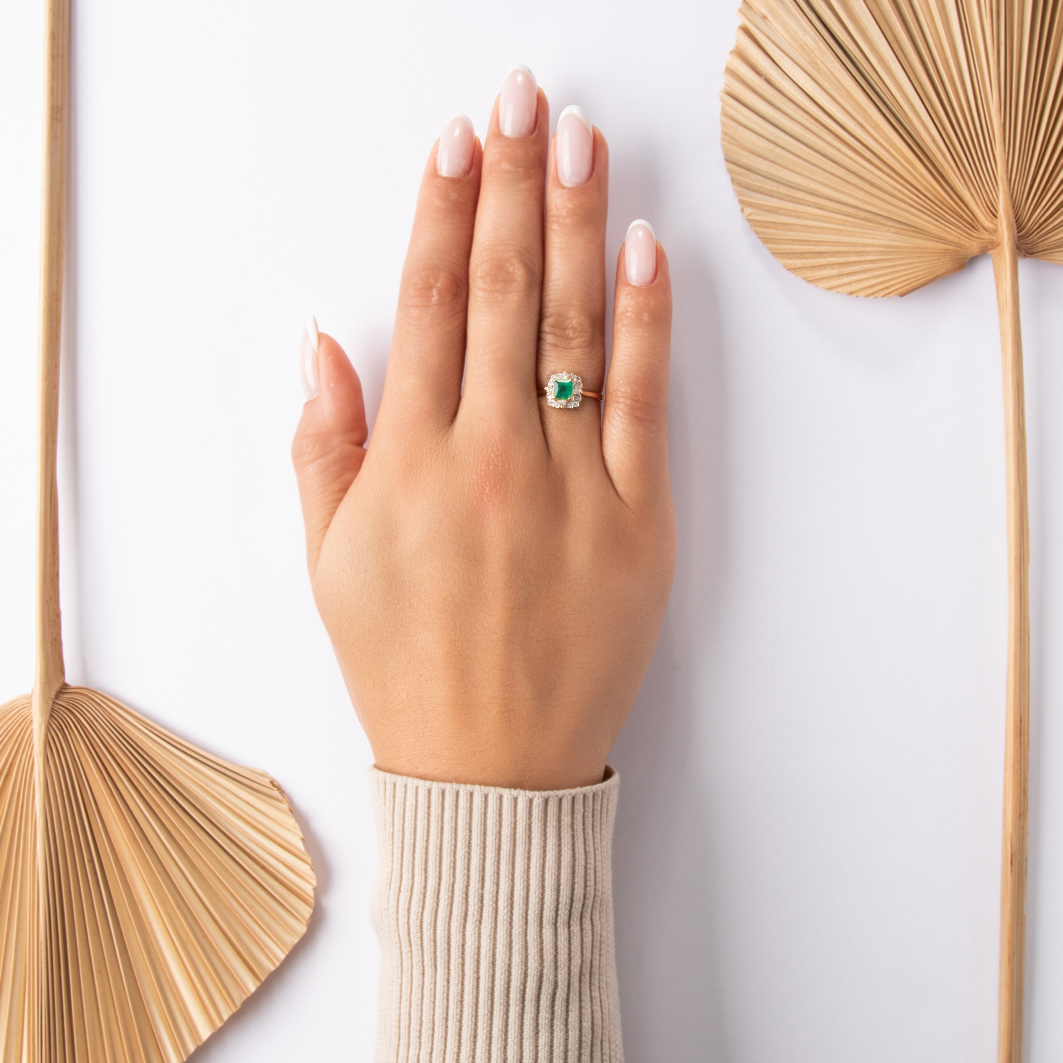 Vintage 14k Yellow Gold .54ct Emerald Diamond Sparkling Scallop Border Ring - On model view