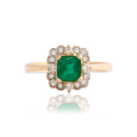 Vintage 14k Yellow Gold .54ct Emerald Diamond Sparkling Scallop Border Ring 6.75