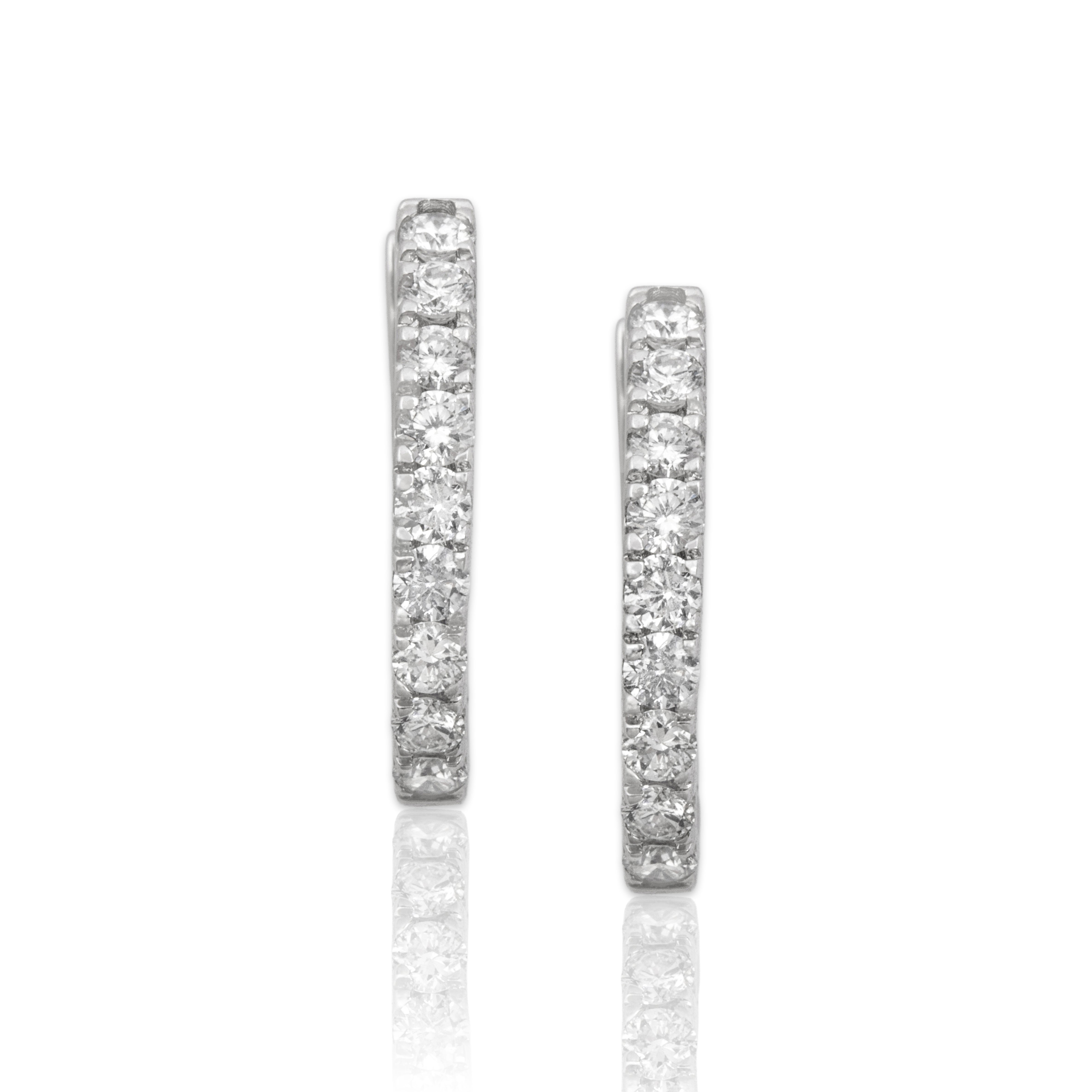 Estate 14k White Gold Diamond Everyday Sparkling Line Hoop Earrings - Close-up view