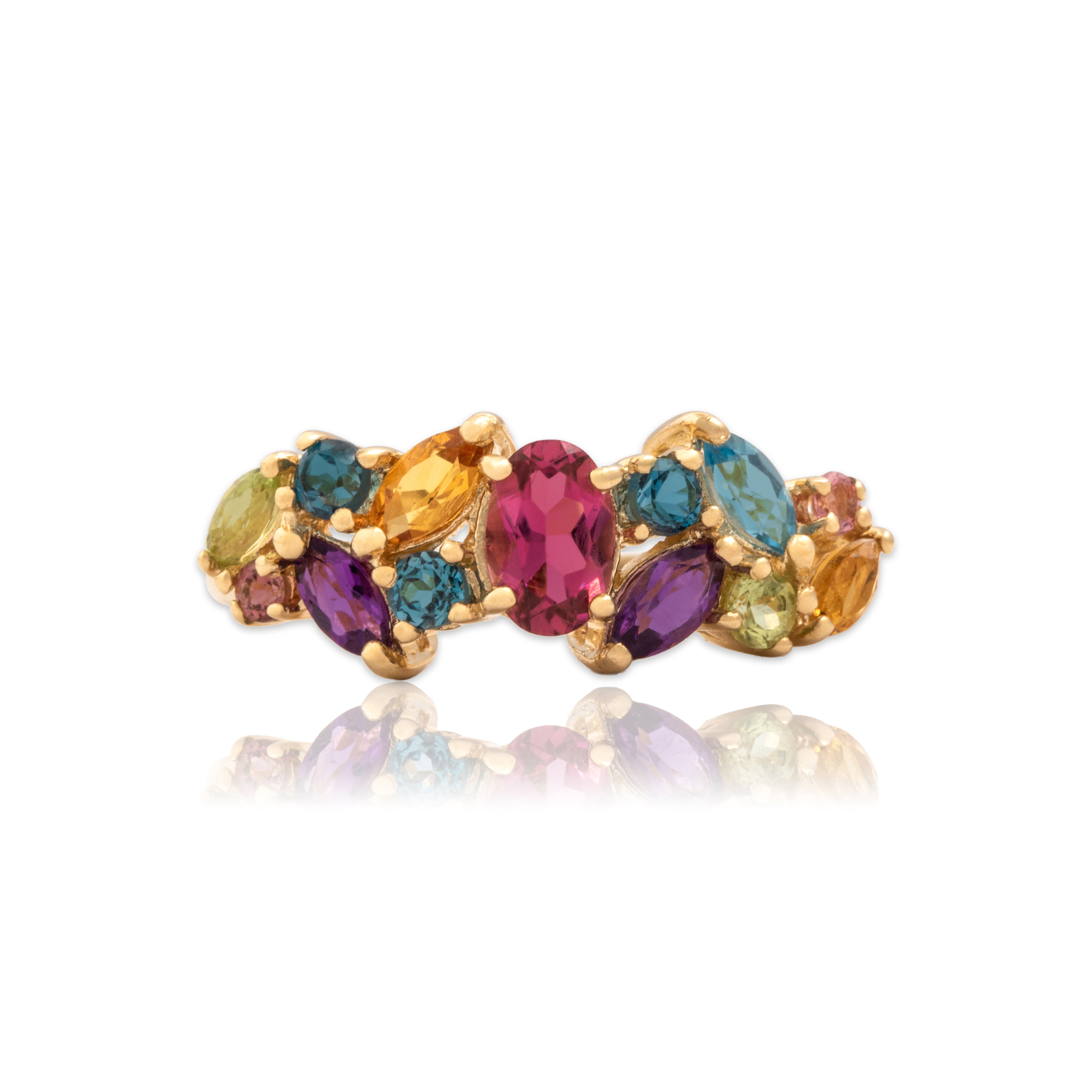 Vintage 14k Yellow Gold Multistone Playful Asymmetric Confetti Band Ring 8.00