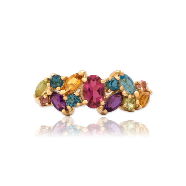Vintage 14k Yellow Gold Multistone Playful Asymmetric Confetti Band Ring 8.00