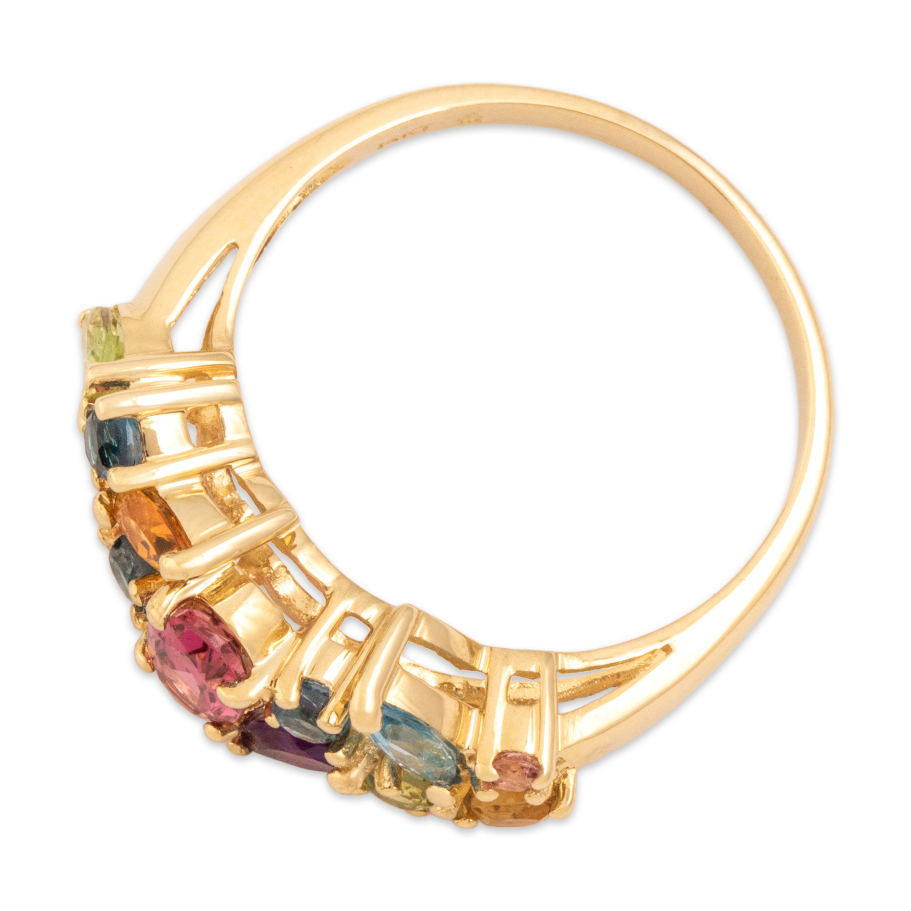 Vintage 14k Yellow Gold Pink Tourmaline Swiss London Blue Topaz Amethyst Citrine Peridot Playful Asymmetric Confetti Band Ring -Overall view