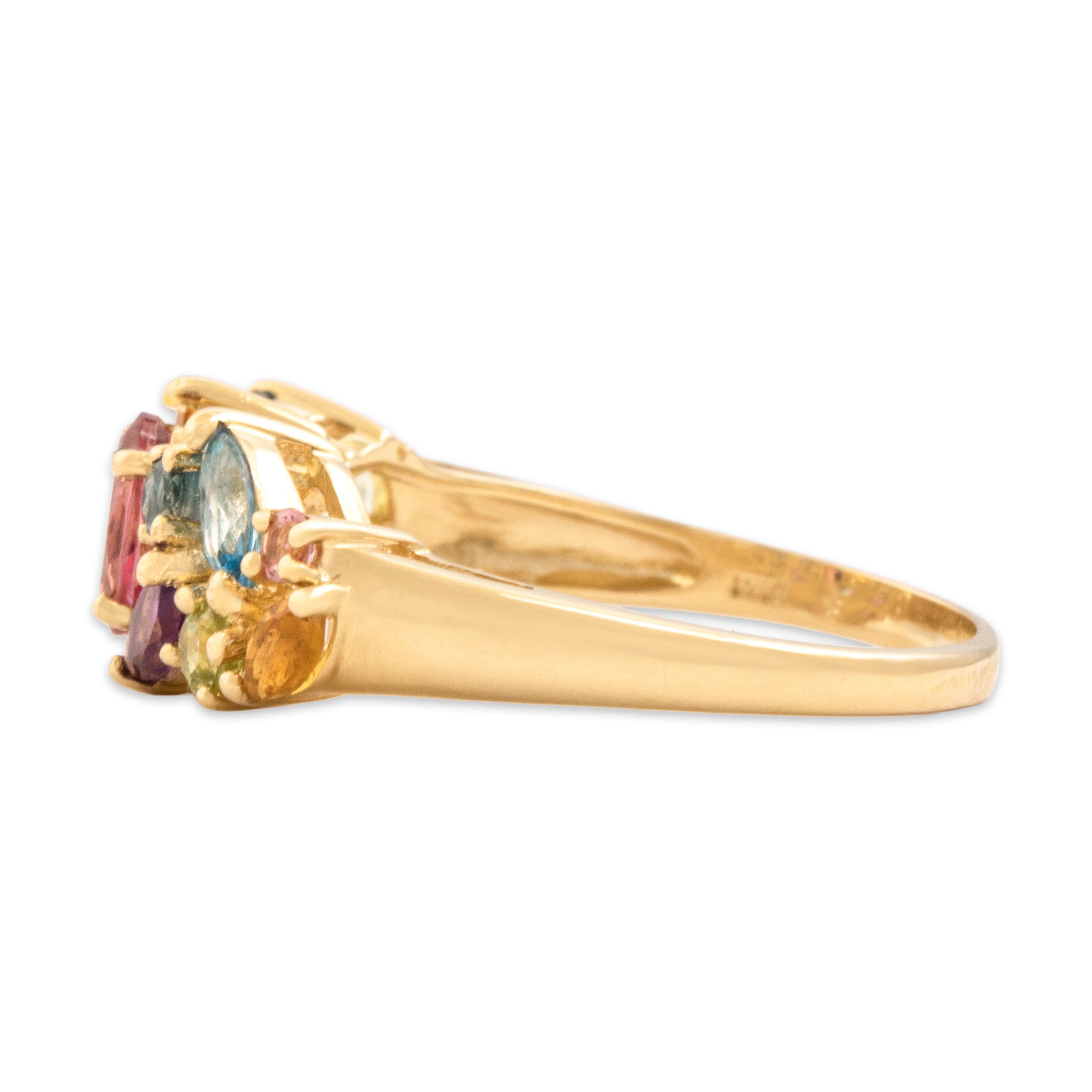 Vintage 14k Yellow Gold Pink Tourmaline Swiss London Blue Topaz Amethyst Citrine Peridot Playful Asymmetric Confetti Band Ring - Side view