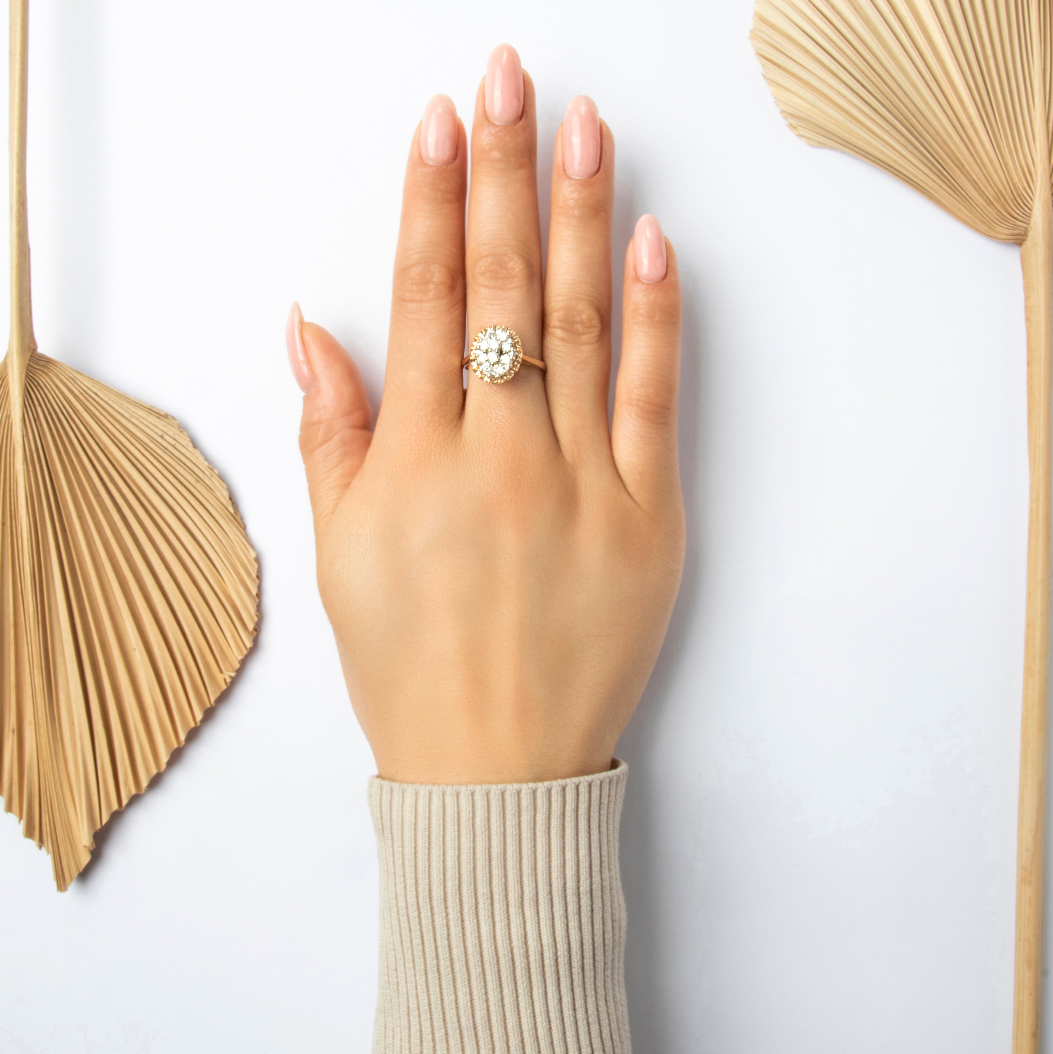 Vintage 14k Yellow Gold .96cttw Diamond Chic Ruffled Cluster Ring - On model view
