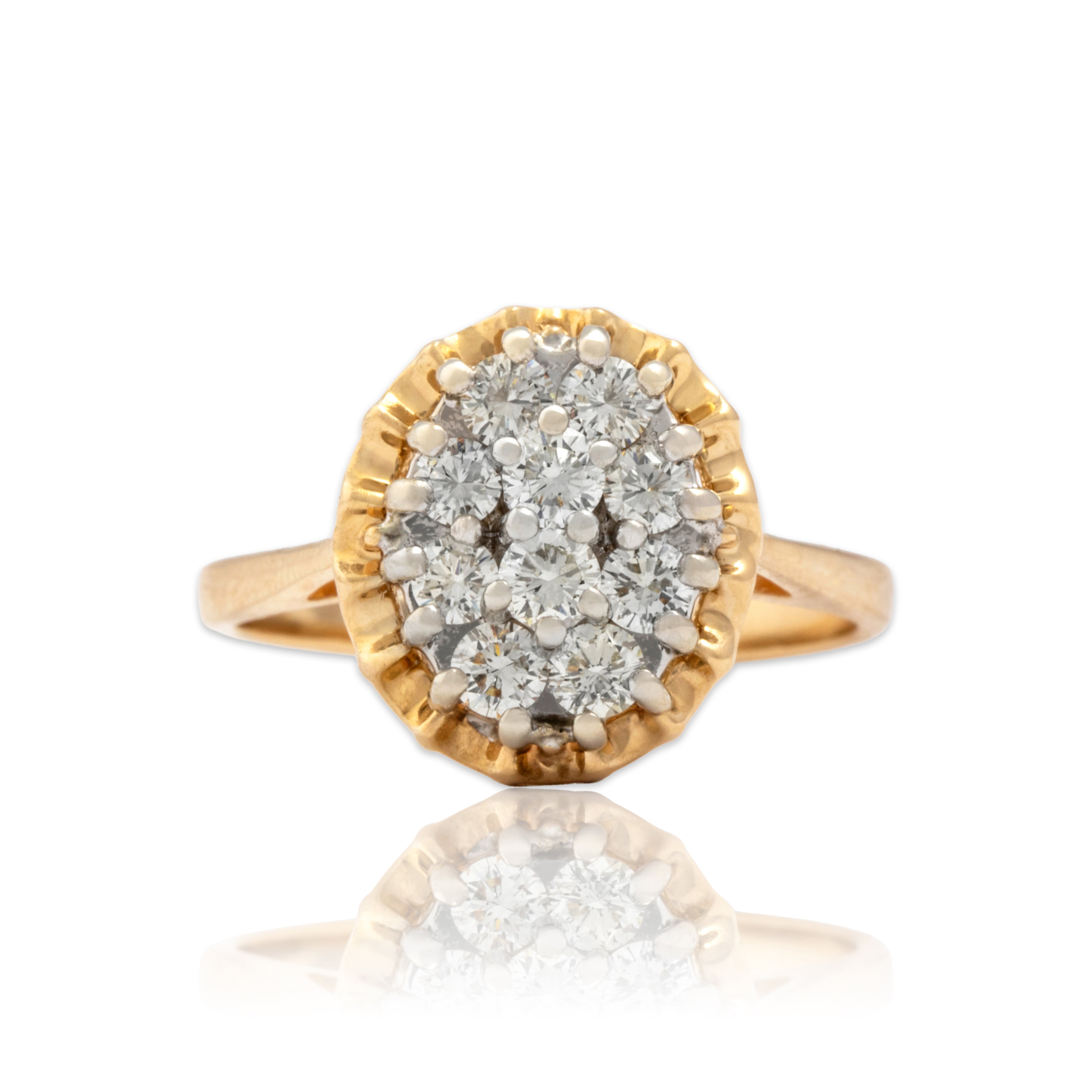 Vintage 14k Yellow Gold .96cttw Diamond Chic Ruffled Cluster Ring - Close-up view