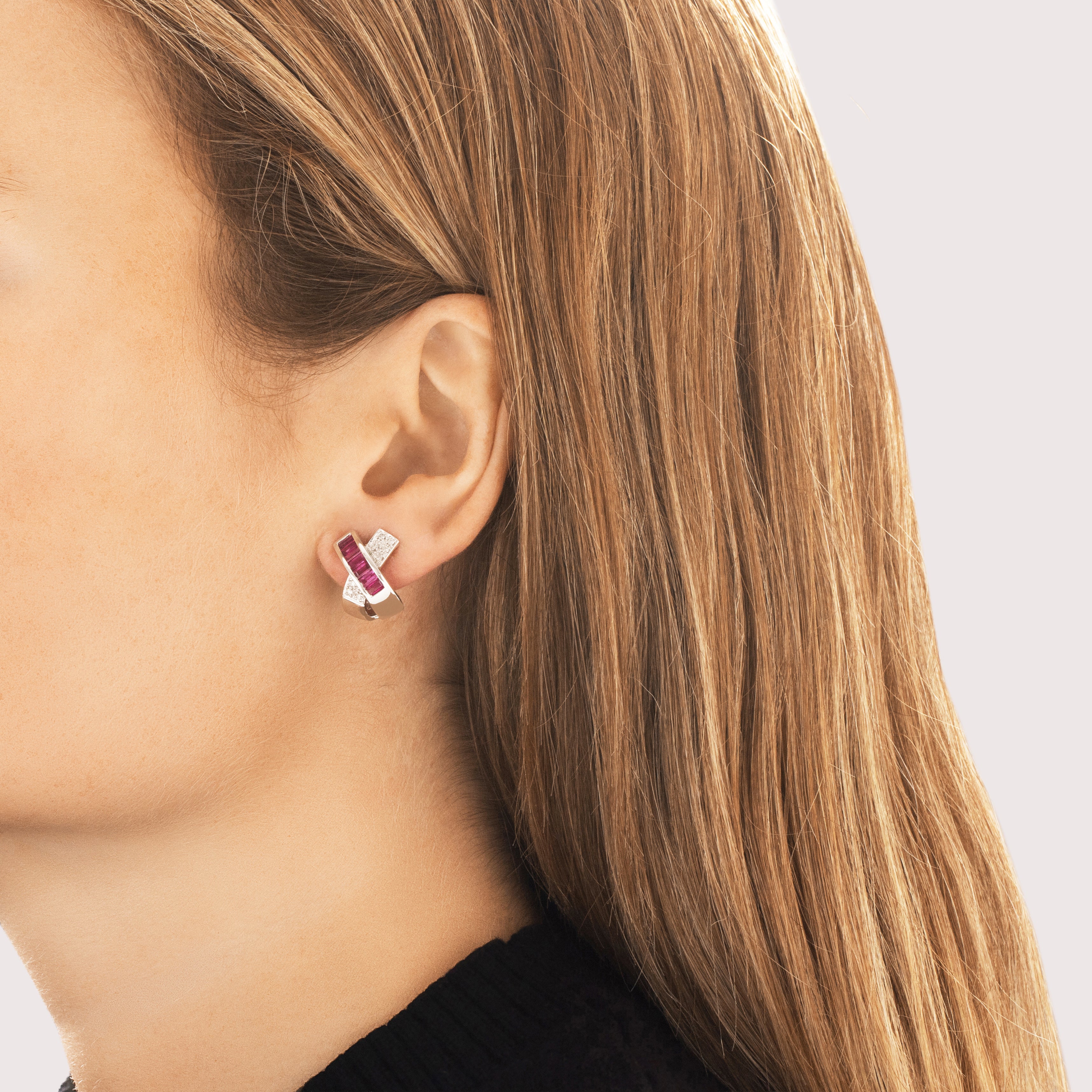 Vintage 14k White Gold 3.81cttw Ruby Diamond Chic X Crossover Channel Omega-Back Earrings - On model view