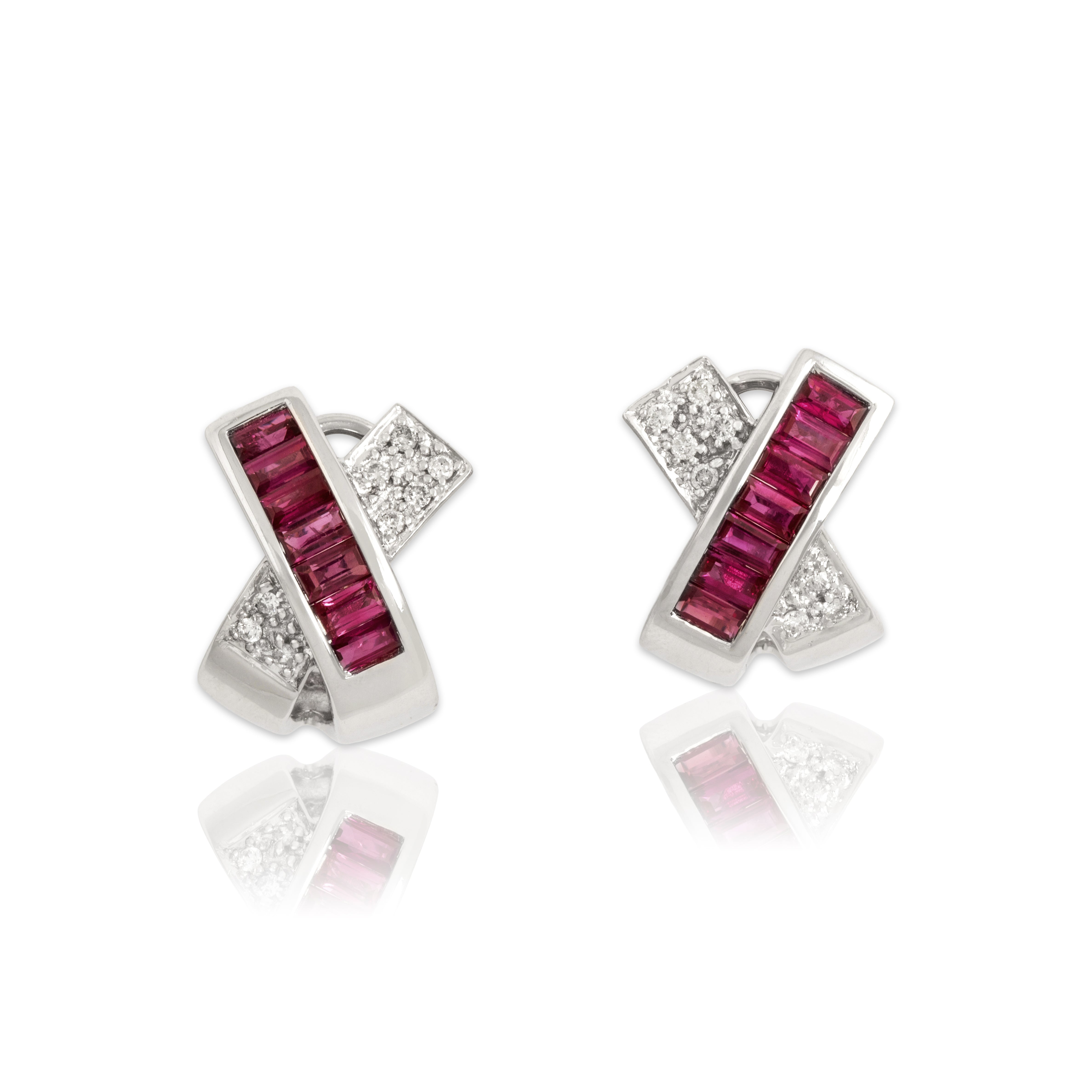 Vintage 14k White Gold 3.81cttw Ruby Diamond Chic Channel X Omega-Back Earrings