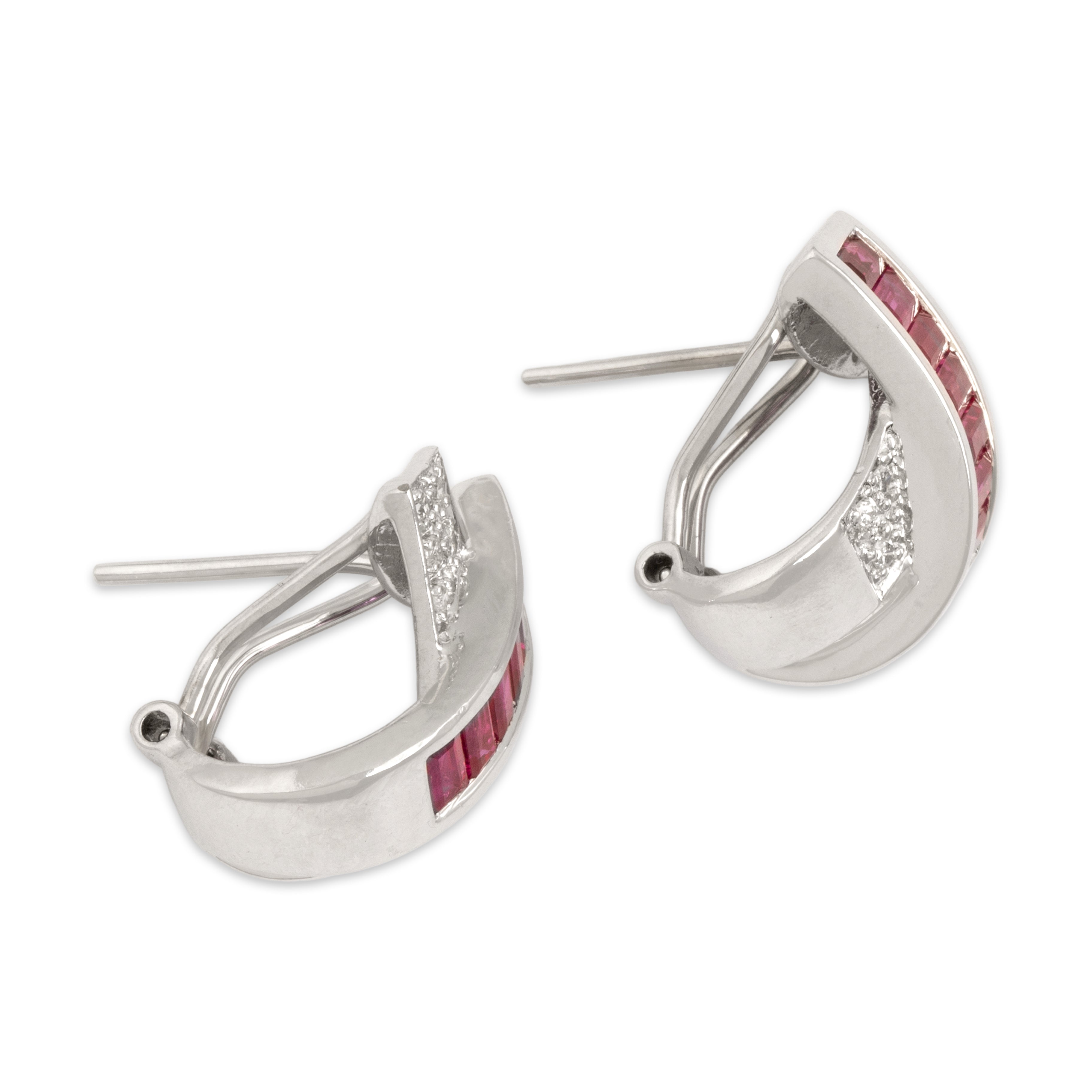 Vintage 14k White Gold 3.81cttw Ruby Diamond Chic X Crossover Channel Omega-Back Earrings - Side view
