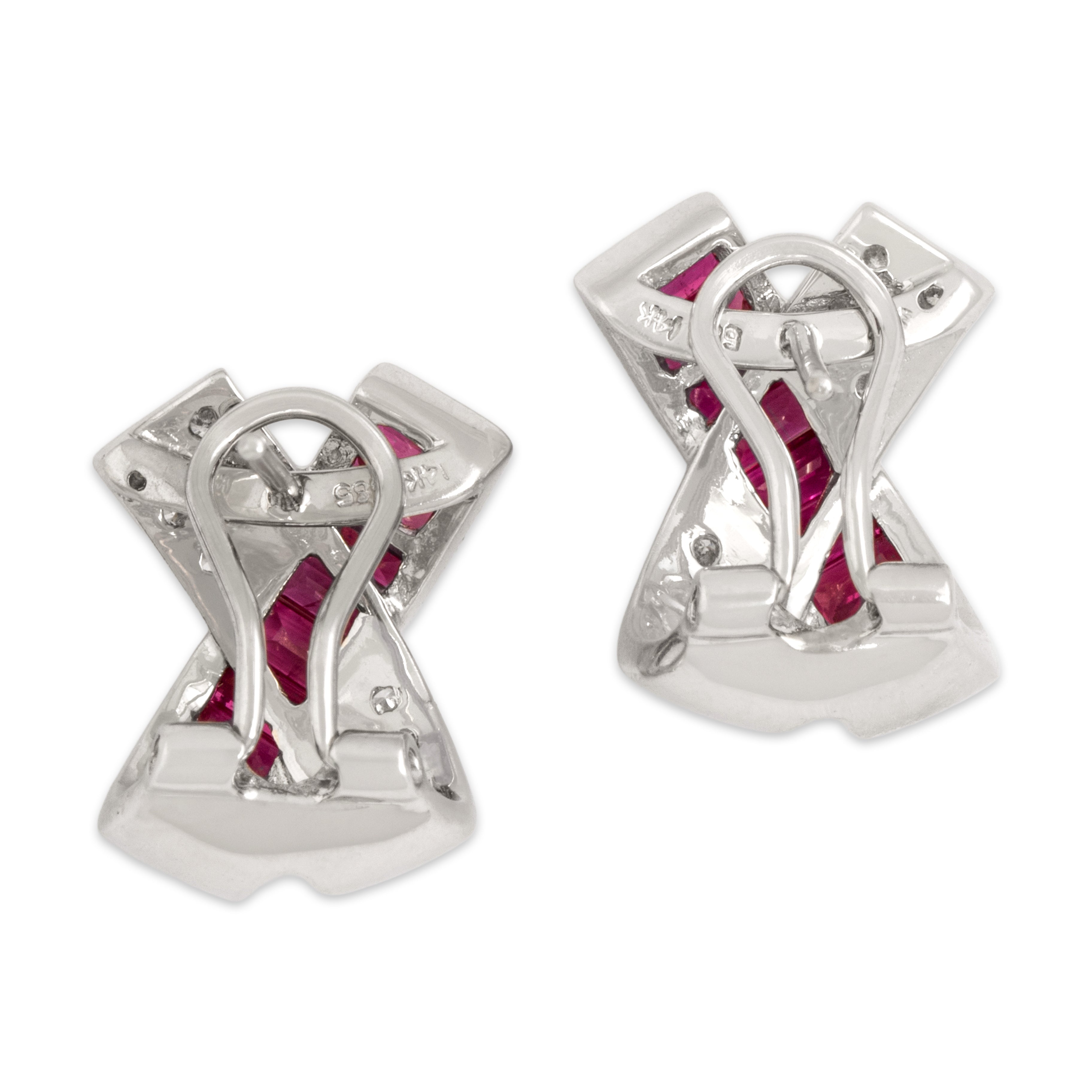Vintage 14k White Gold 3.81cttw Ruby Diamond Chic X Crossover Channel Omega-Back Earrings - Back view