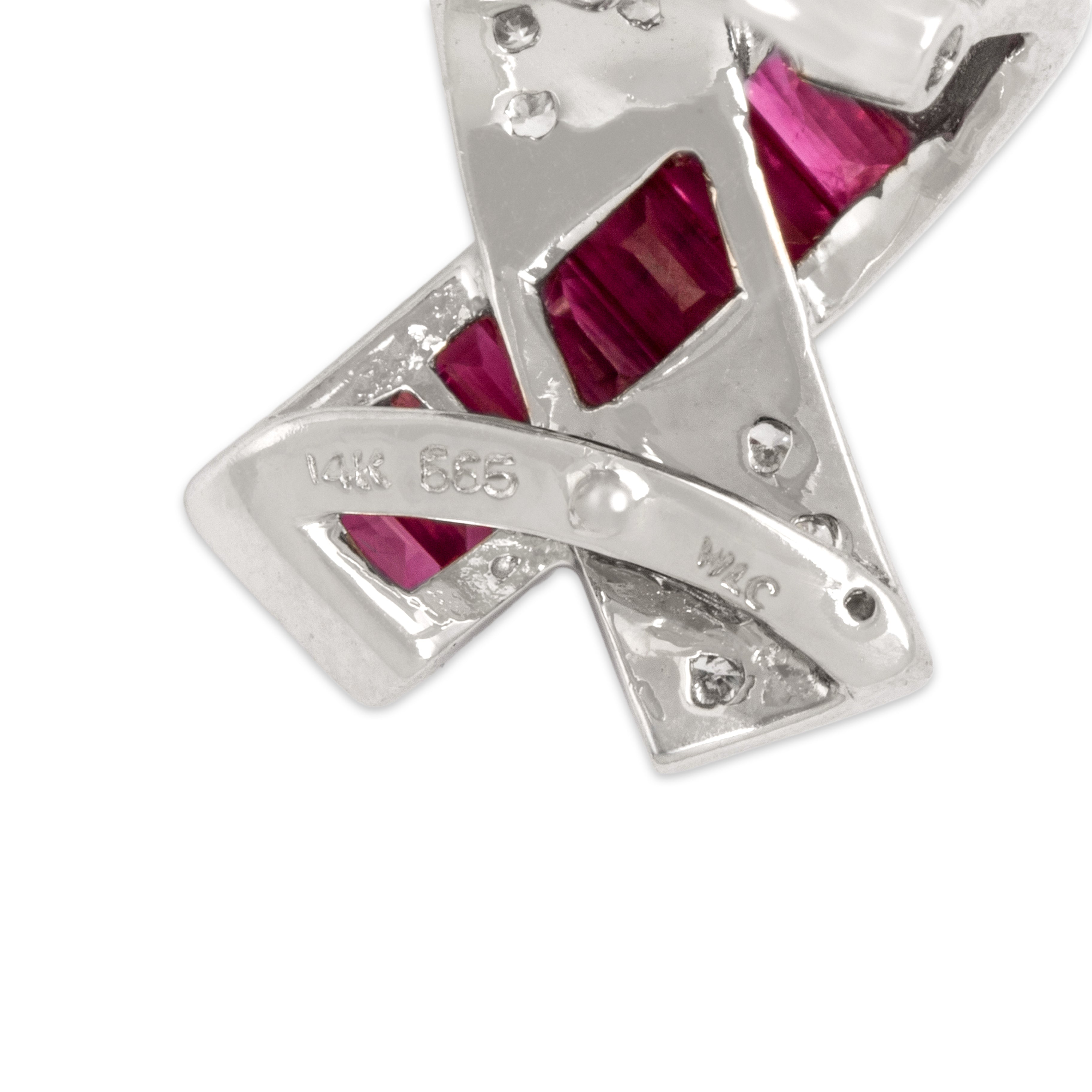 Vintage 14k White Gold 3.81cttw Ruby Diamond Chic X Crossover Channel Omega-Back Earrings - Hallmark view