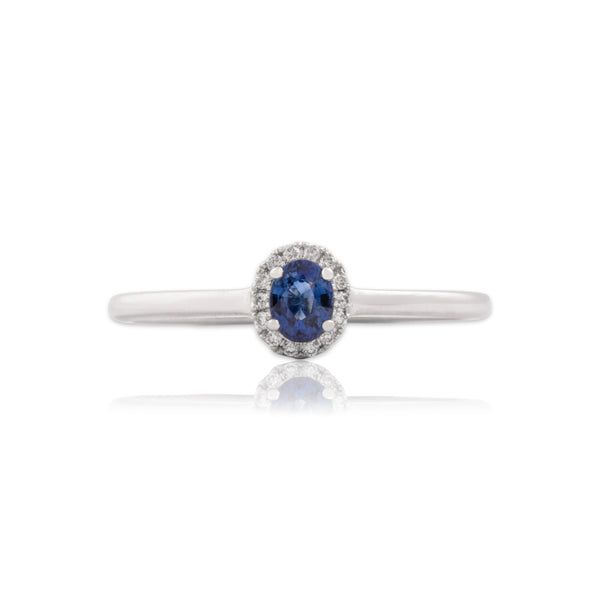Estate 14k White Gold Blue Sapphire Diamond Gleaming Dainty Halo Ring 6.50
