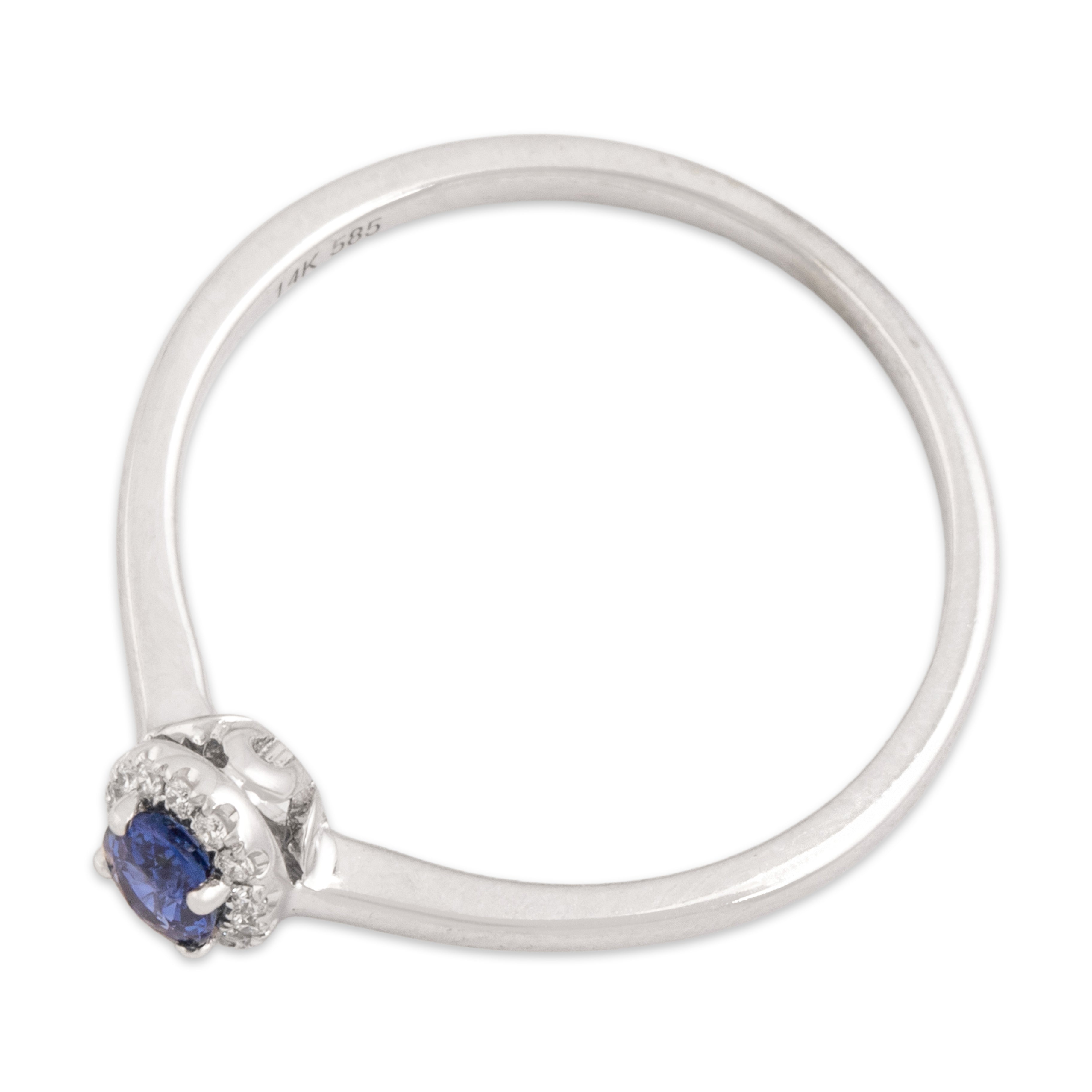Estate 14k White Gold Blue Sapphire Diamond Gleaming Dainty Halo Ring - Overall view