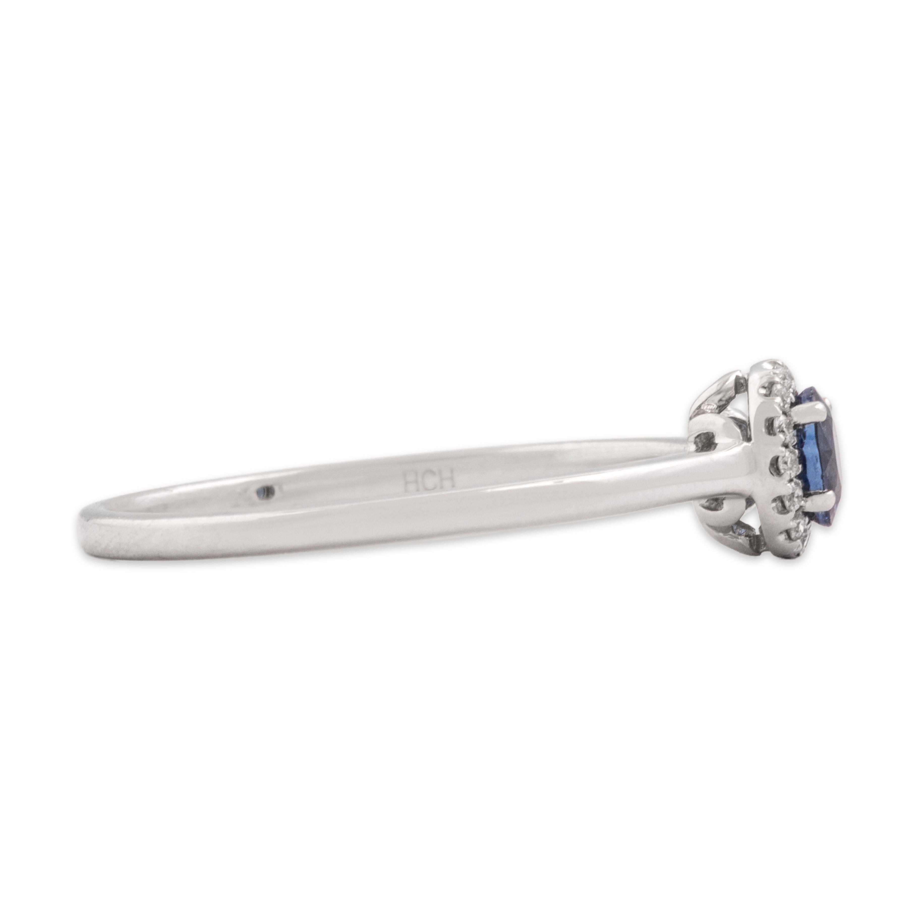 Estate 14k White Gold Blue Sapphire Diamond Gleaming Dainty Halo Ring - Side view