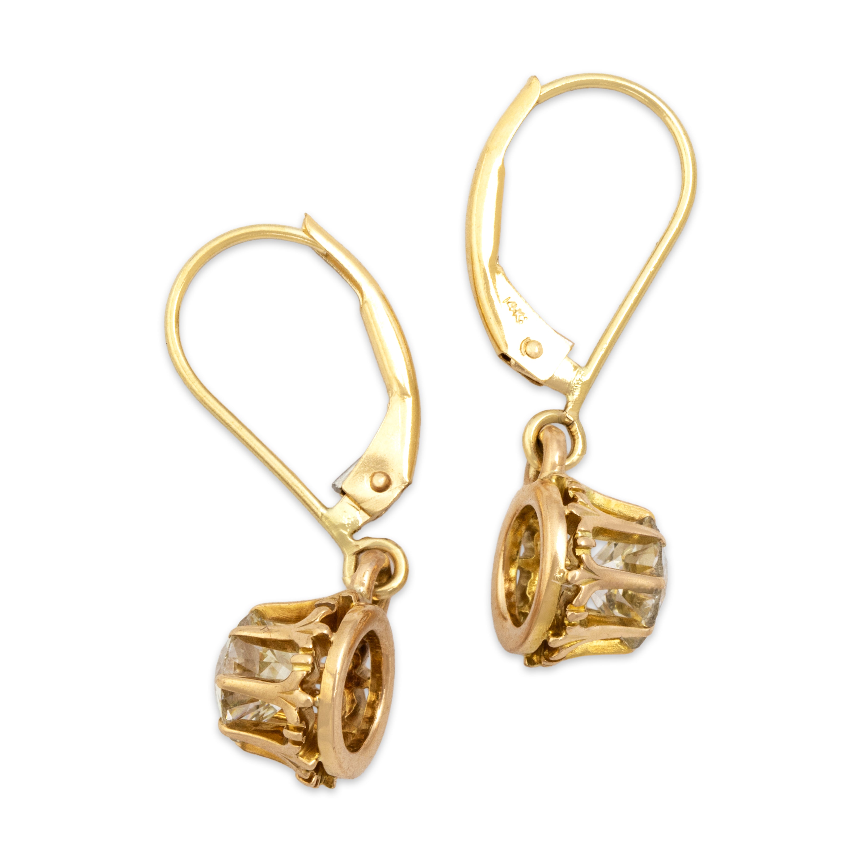 Antique Victorian 14k Rosy Yellow Gold 1.1cttw Old Mine Cut Diamond Belcher Set Dangle Earrings - Side view