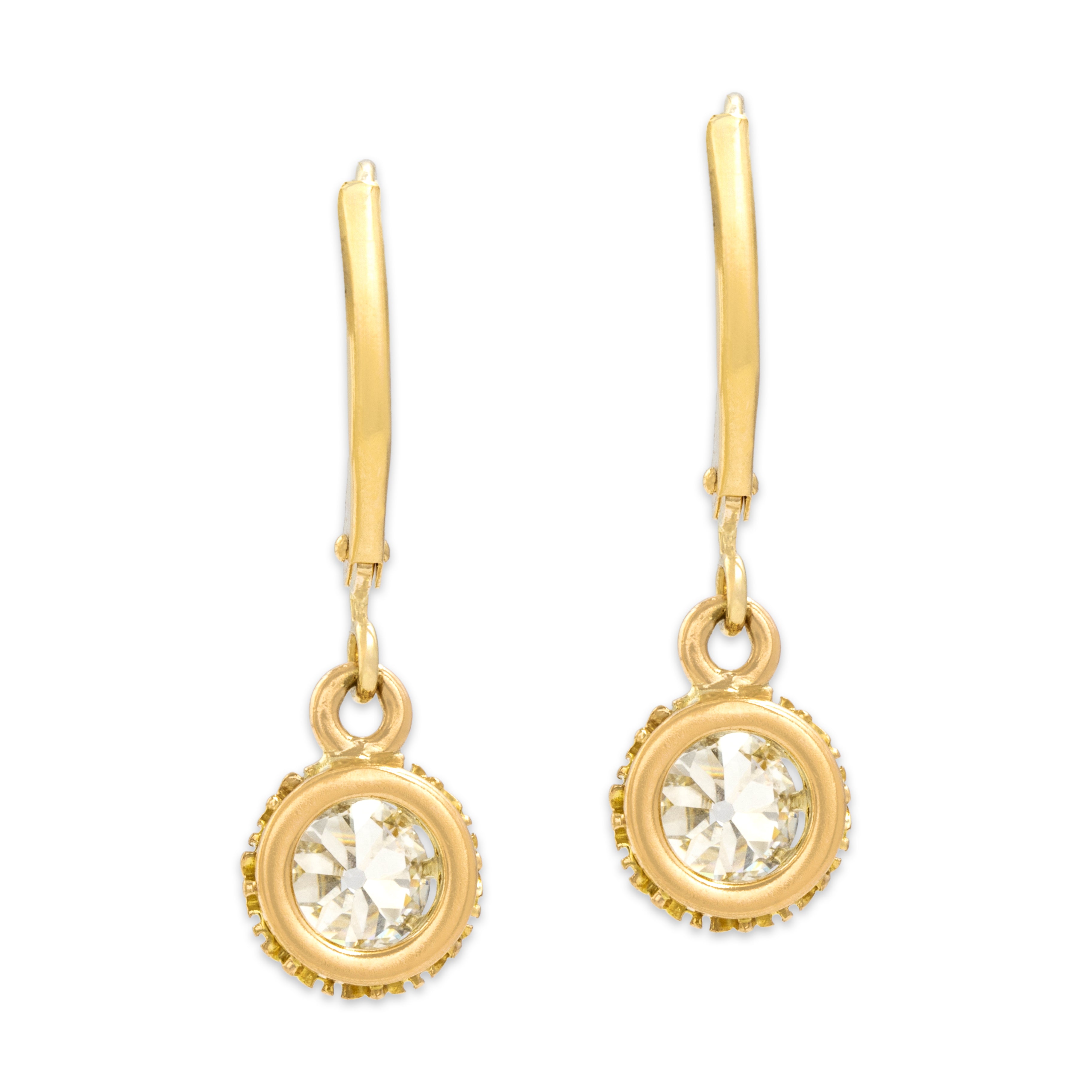 Antique Victorian 14k Rosy Yellow Gold 1.1cttw Old Mine Cut Diamond Belcher Set Dangle Earrings - Overall view