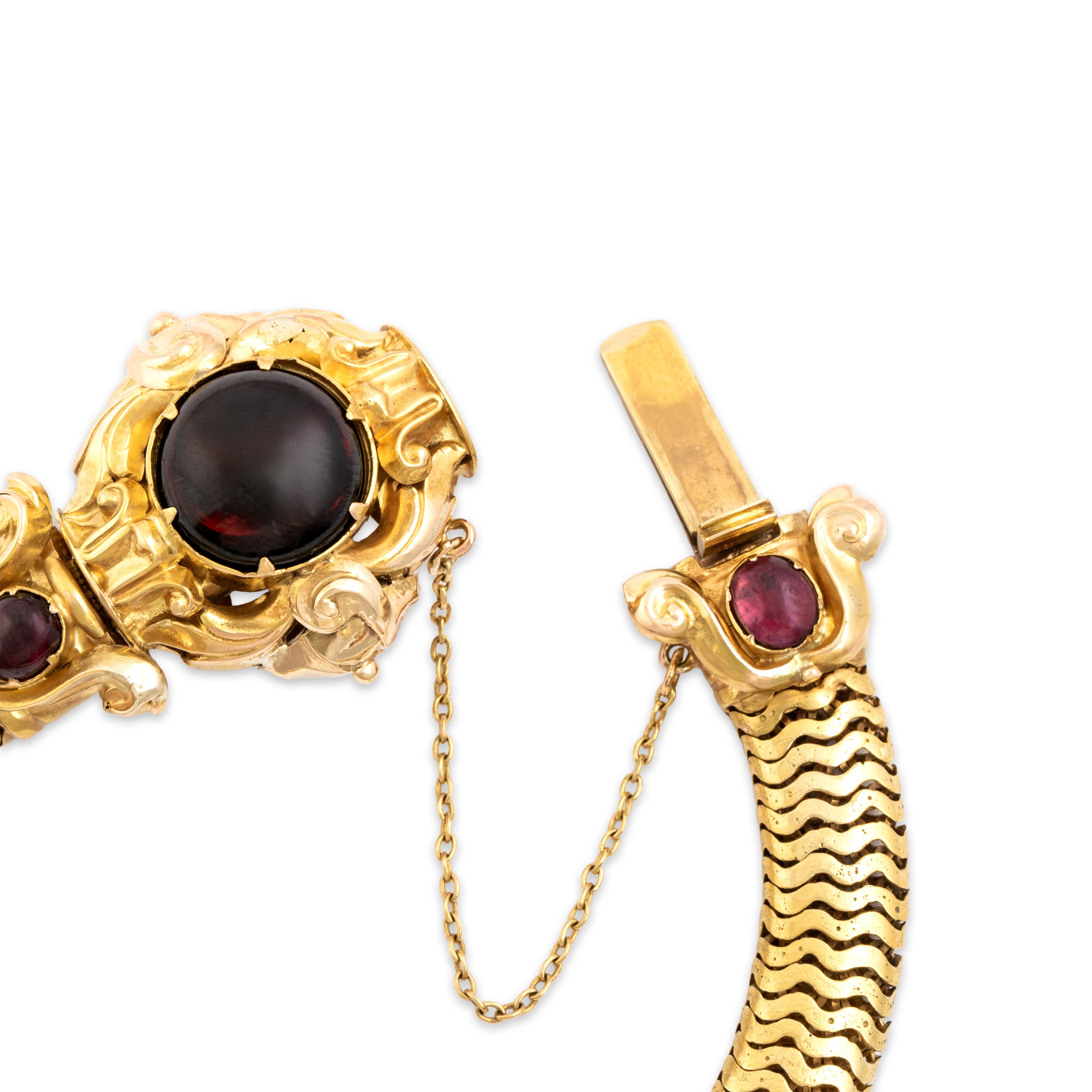 Antique Victorian Heavy 18k Yellow Gold & 14k Yellow Gold 4.9cttw Garnet Incredible Flourishing Cabochon Snake Link Bracelet - clasp view