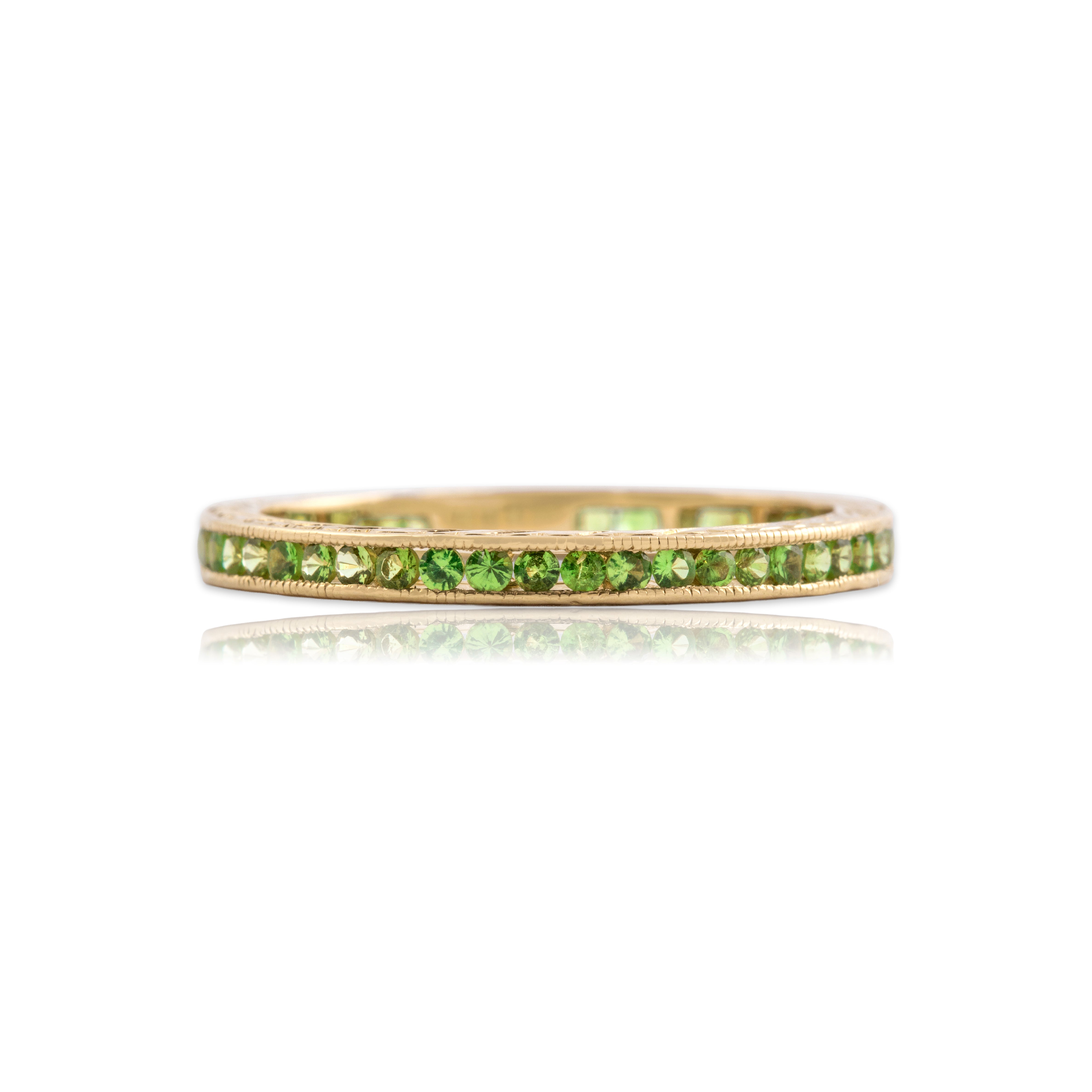 Estate 14k Yellow Gold Lime Green Garnet Bright Engraved Eternity Ring 6.75