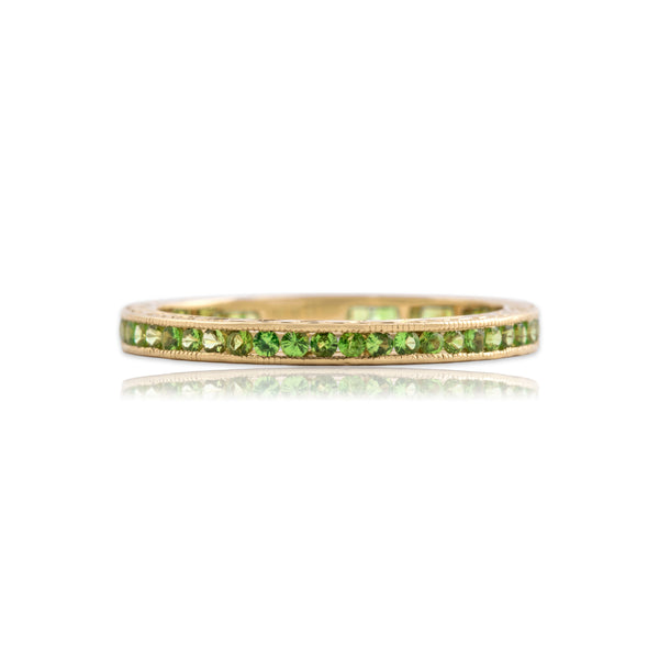 Estate 14k Yellow Gold Lime Green Garnet Bright Engraved Eternity Ring 6.75