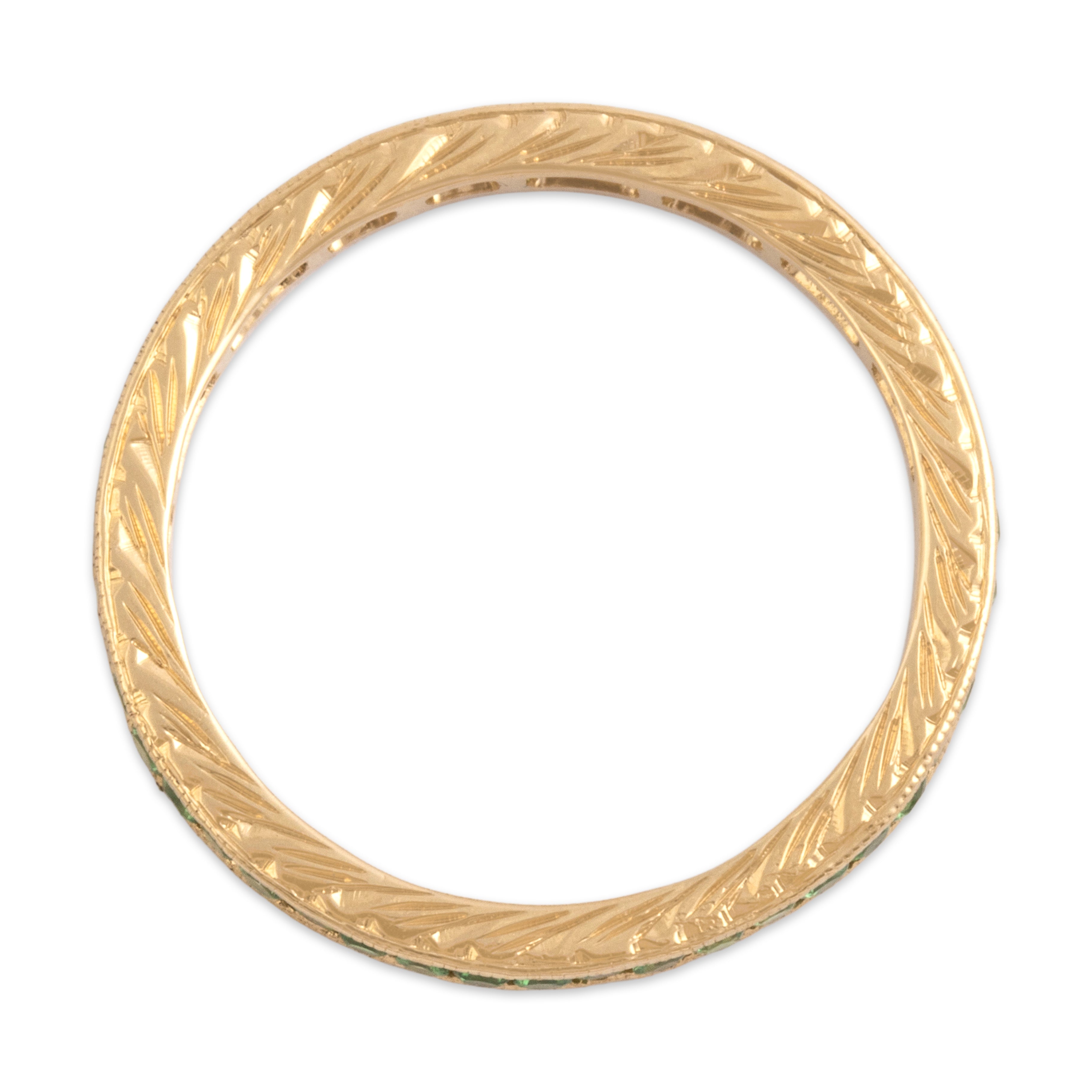 Estate 14k Yellow Gold Lime Green Garnet Bright Engraved Stackable Eternity Band Ring - detail view #1