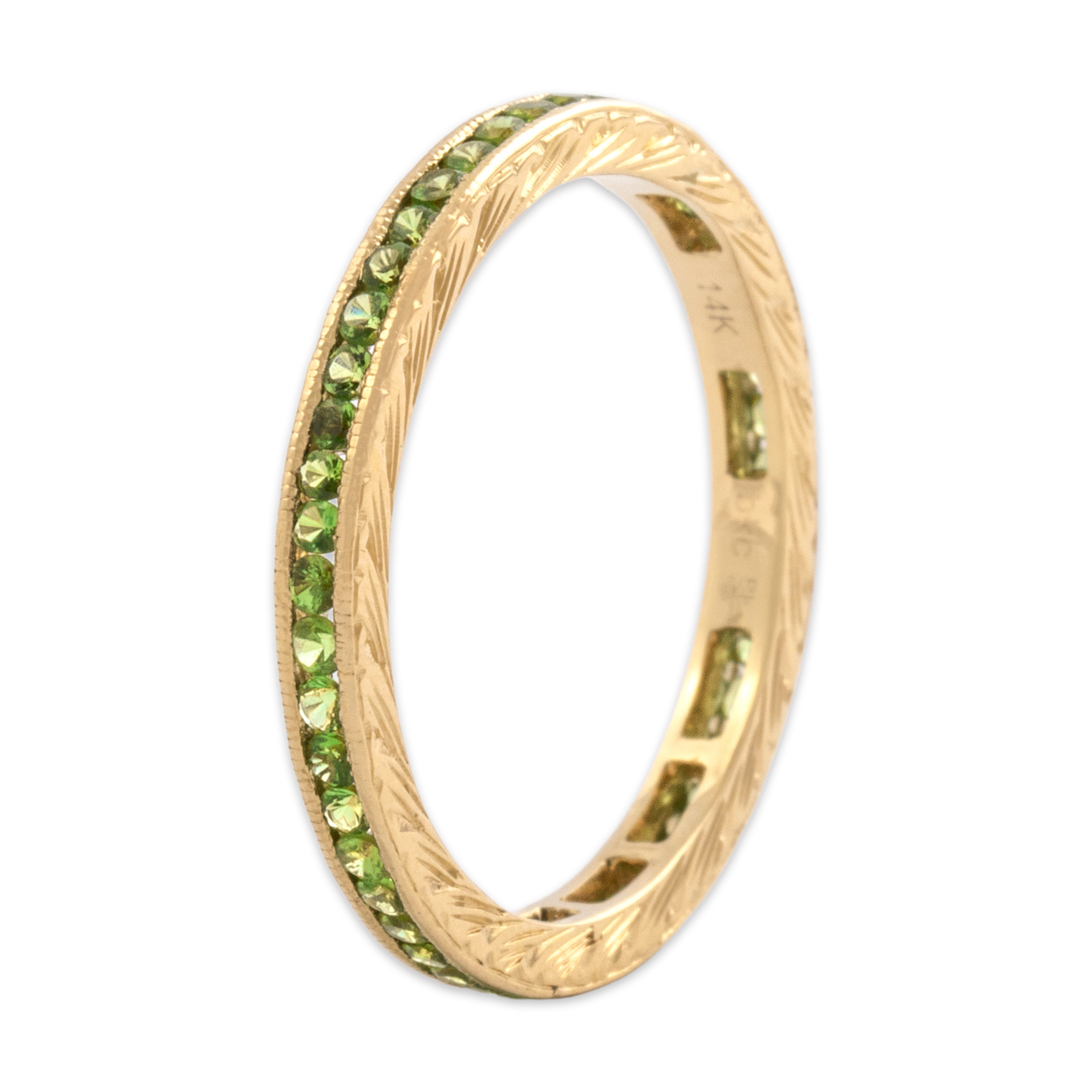 Estate 14k Yellow Gold Lime Green Garnet Bright Engraved Eternity Ring 6.75