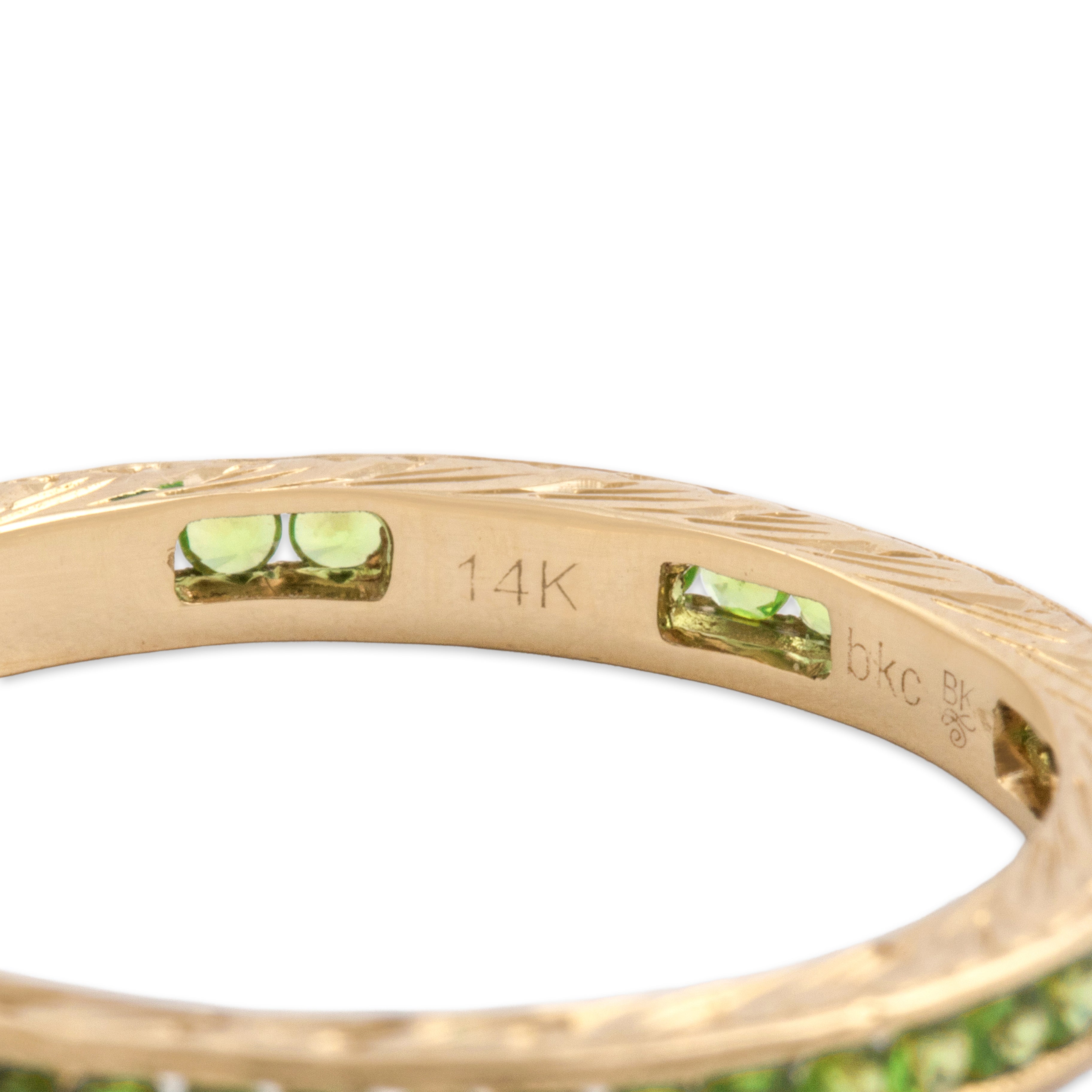 Estate 14k Yellow Gold Lime Green Garnet Bright Engraved Eternity Ring 6.75