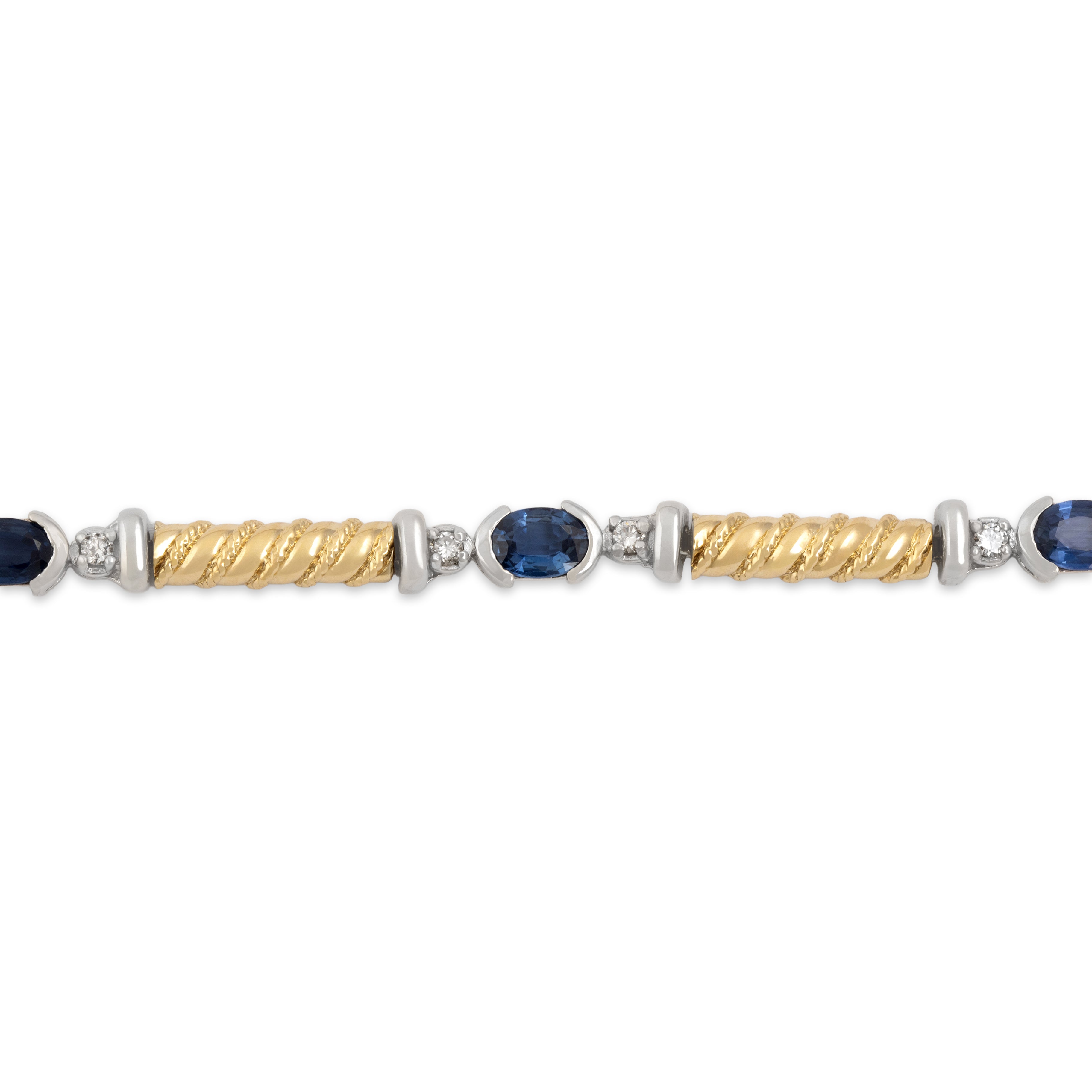 Vintage 14k Yellow & White Gold 3cttw Sapphire Diamond Cable Link Bracelet 7