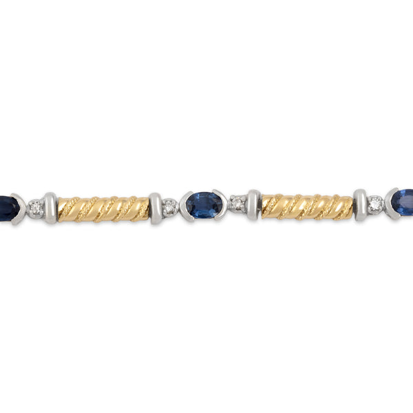 Vintage 14k Yellow & White Gold 3cttw Sapphire Diamond Cable Link Bracelet 7