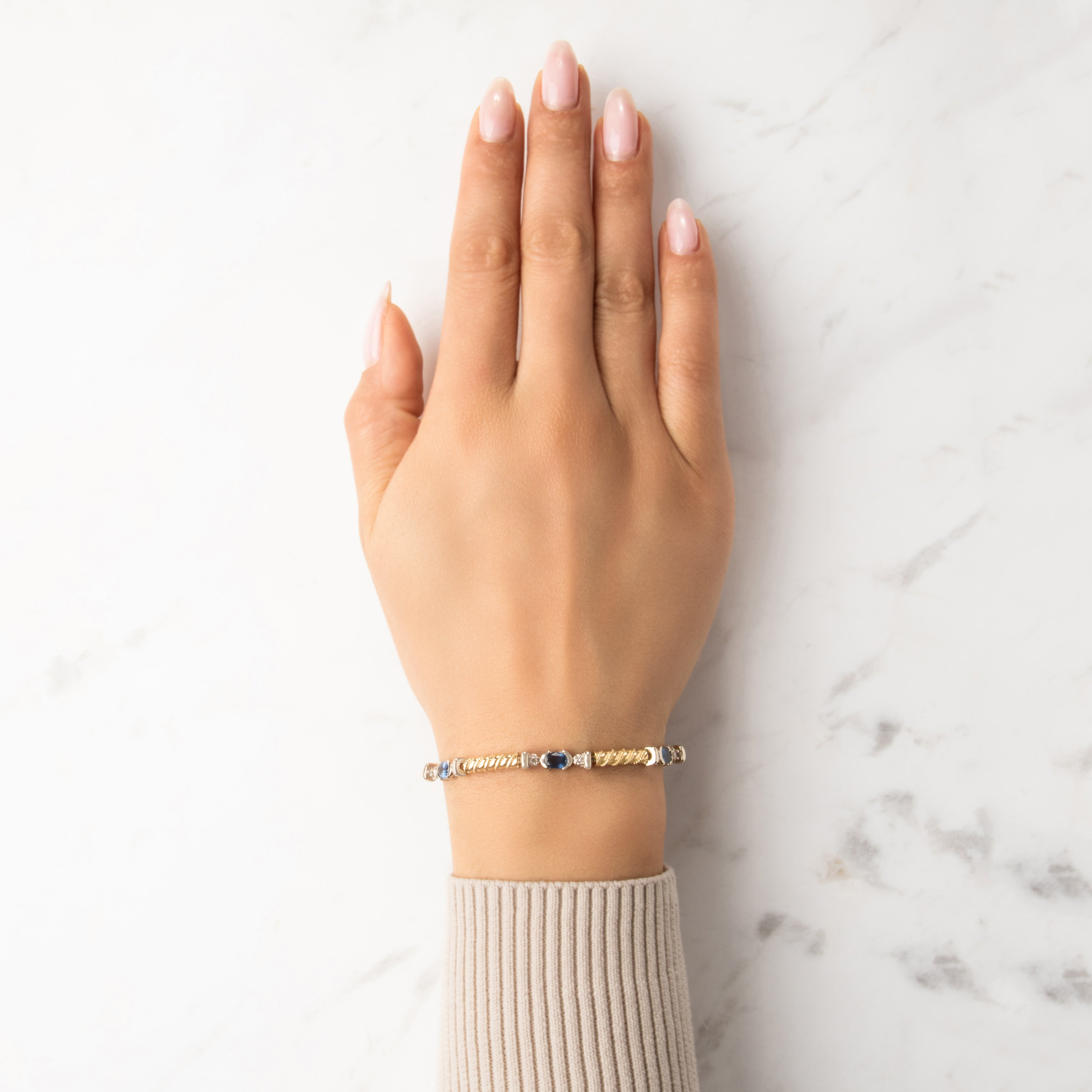 Vintage 14k Yellow & White Gold [Custom Carat] Splendid Roped Link Trio Station Bracelet - On model view