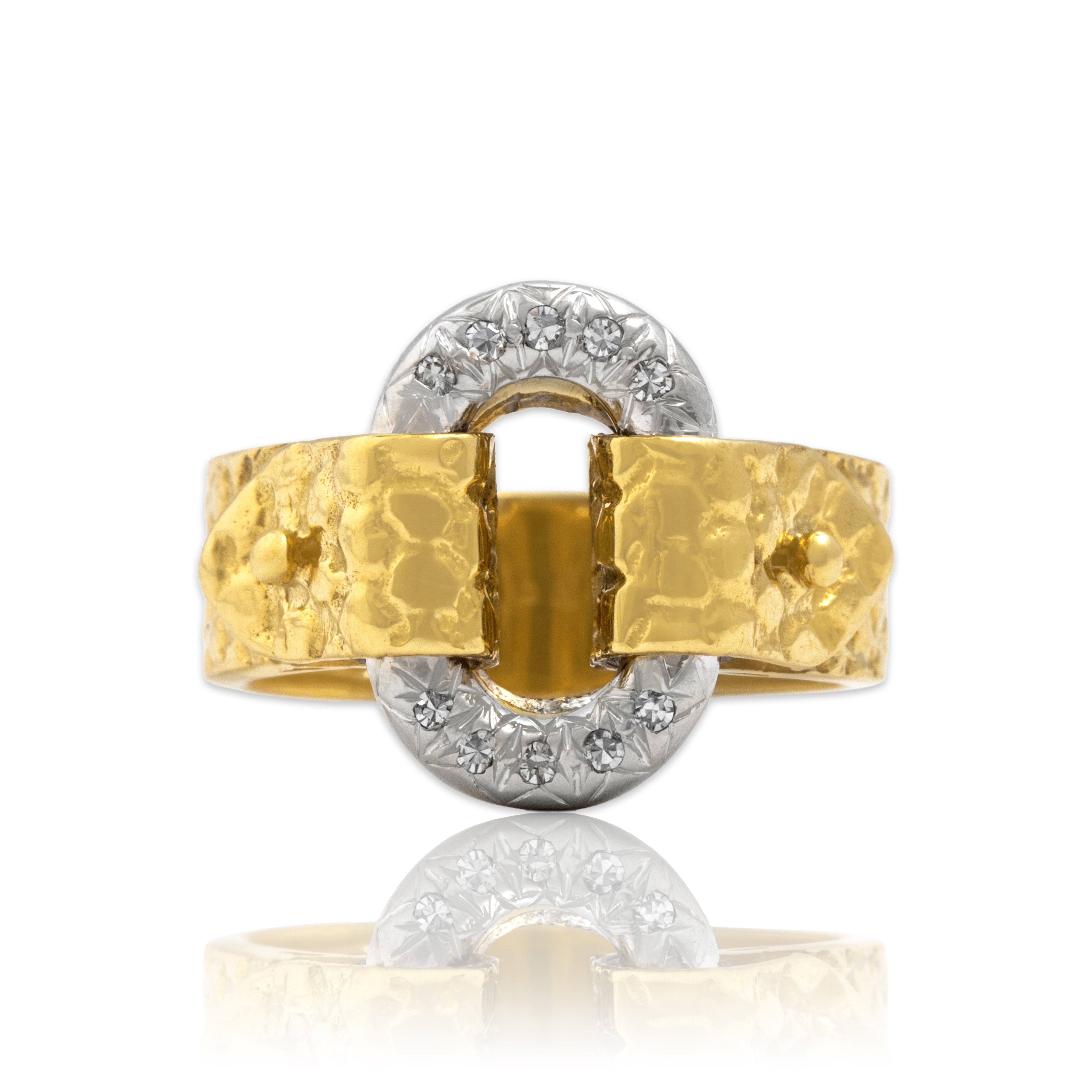 Vintage Heavy 18k Yellow Gold & 14k White Gold Diamond Oval Buckle Ring 6.50
