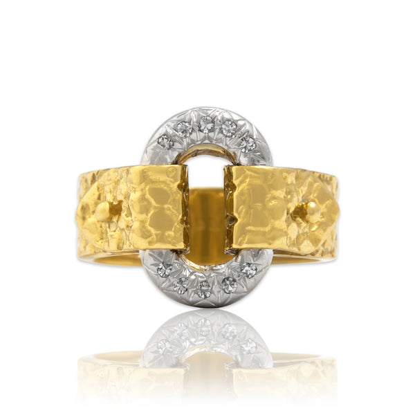 Vintage Heavy 18k Yellow Gold & 14k White Gold Diamond Oval Buckle Ring 6.50