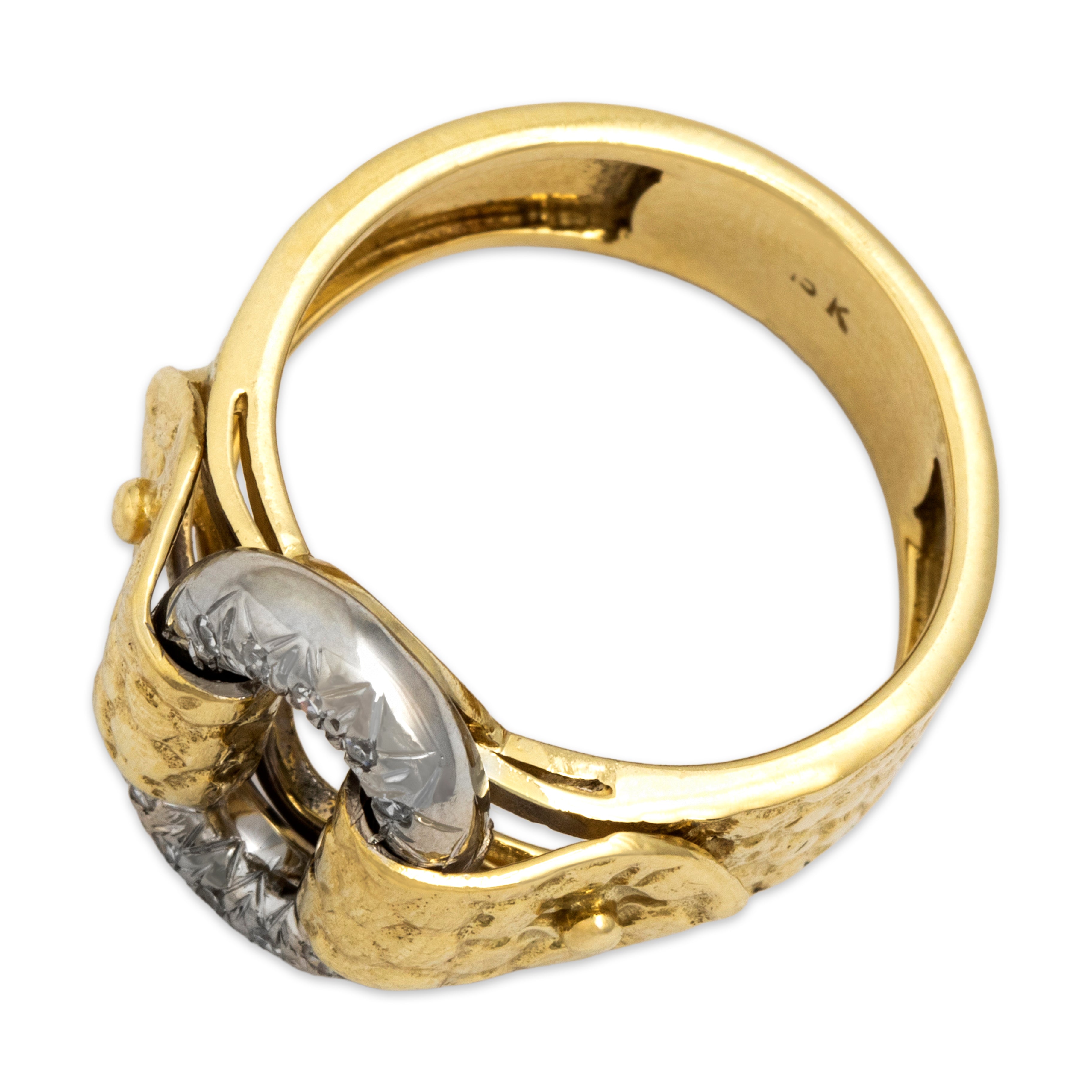 Vintage Heavy Bold 18k Yellow Gold & 14k White Gold Diamond Oval Buckle Ring - Overall view