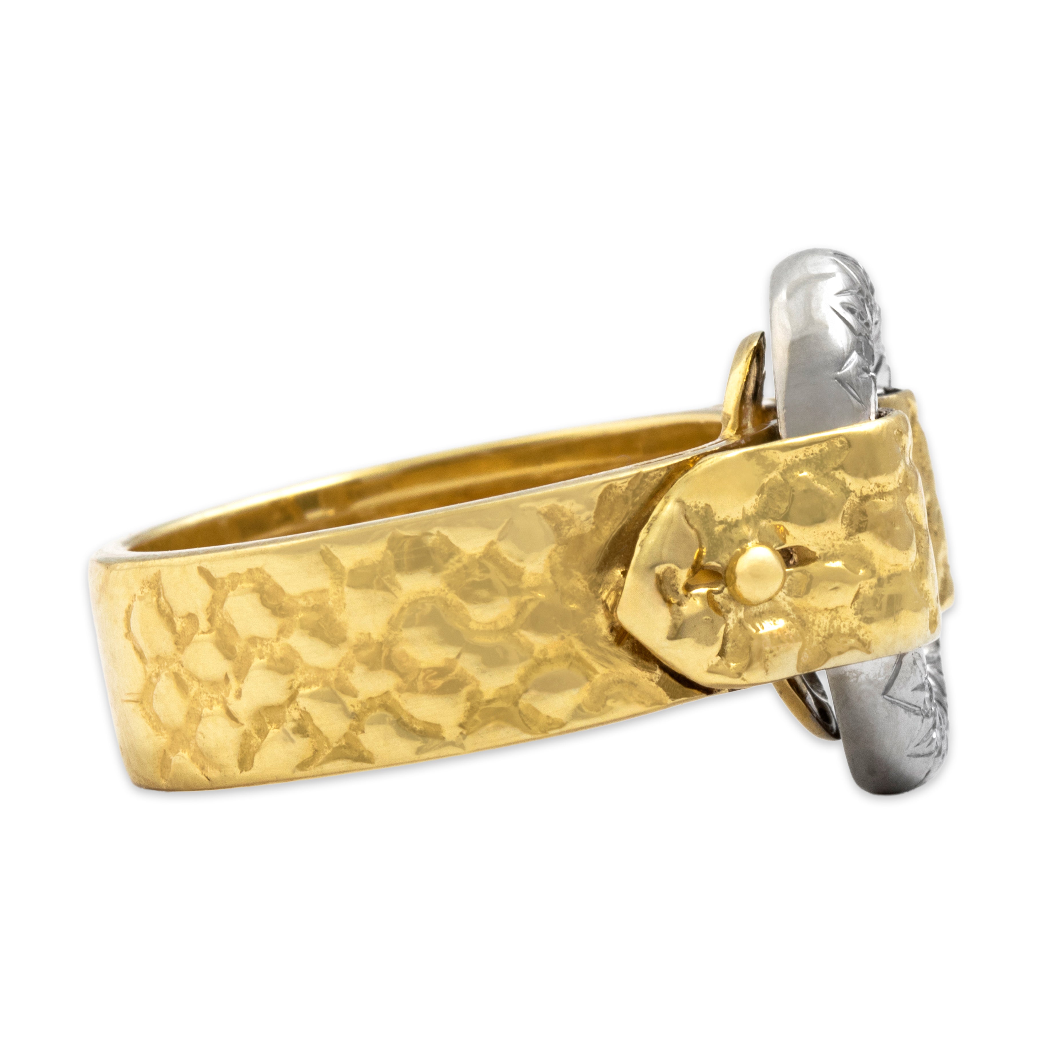 Vintage Heavy Bold 18k Yellow Gold & 14k White Gold Diamond Oval Buckle Ring - Side view