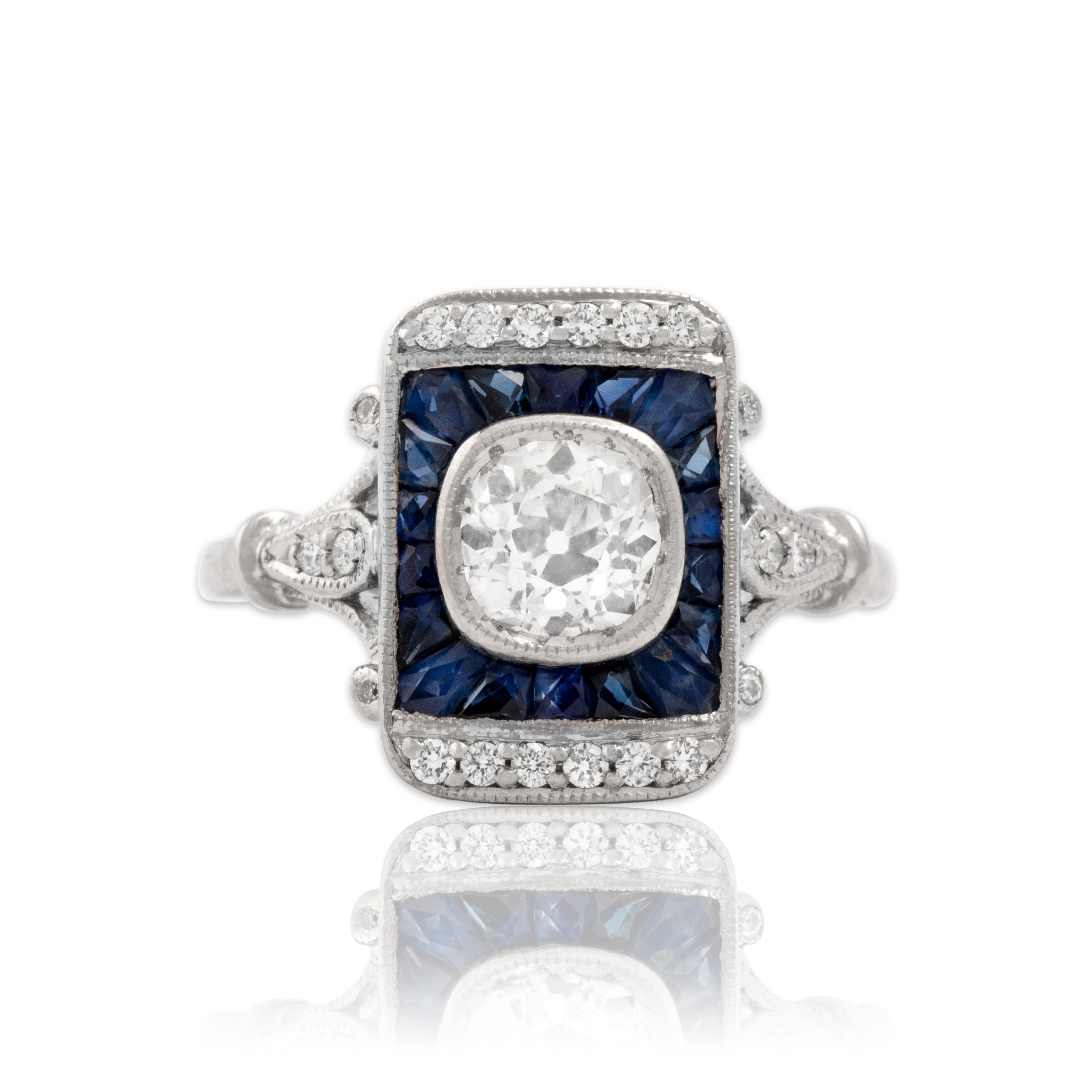 Vintage 18k White Gold .87cttw Old Mine Diamond Blue Sapphire Shield Ring 5.50