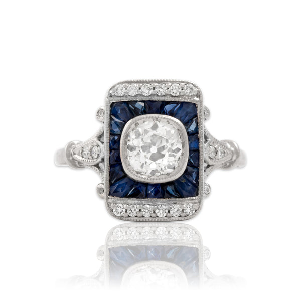 Vintage 18k White Gold .87cttw Old Mine Diamond Blue Sapphire Shield Ring 5.50