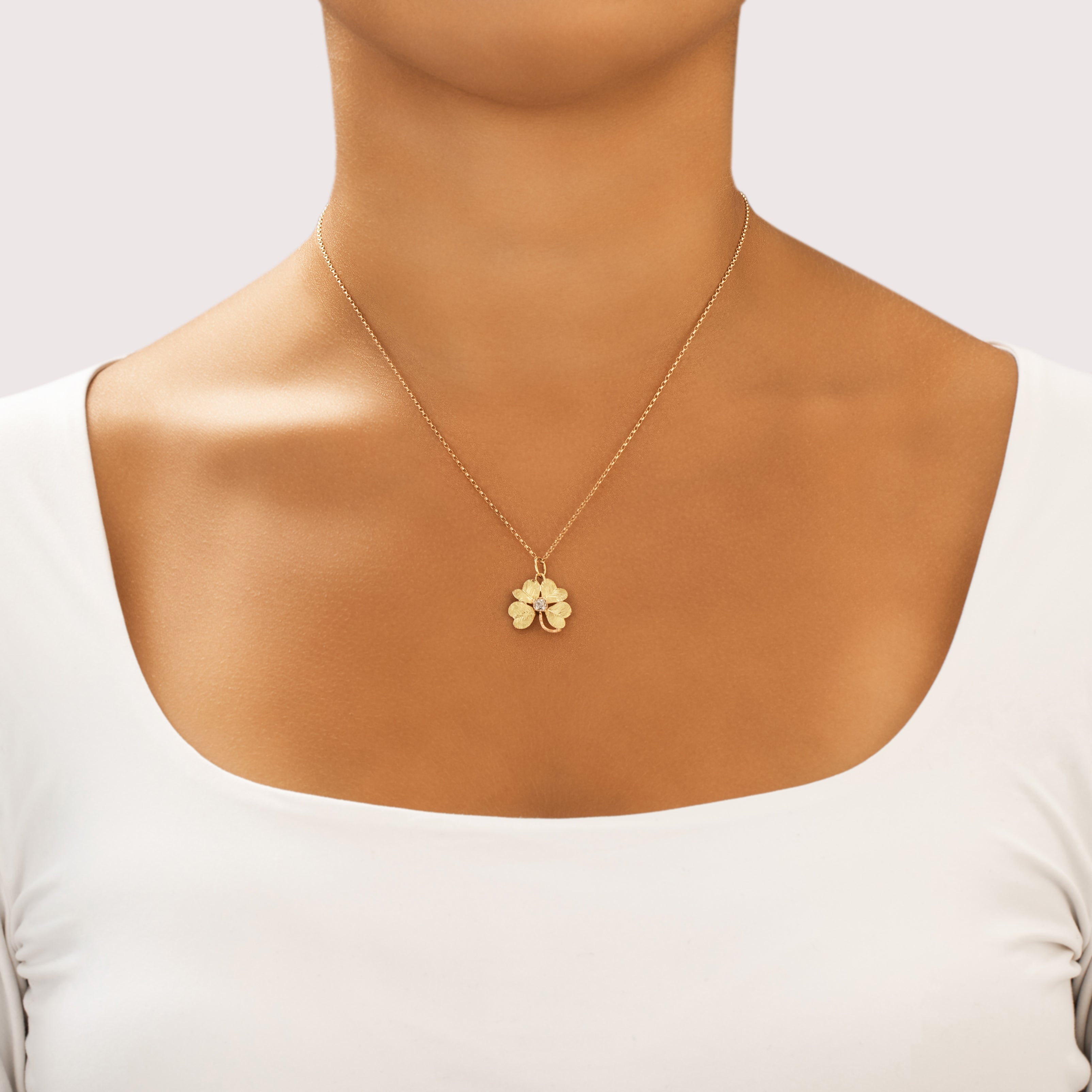 Antique Victorian 14k Yellow & Rose Gold Old Mine Cut Diamond Sparkling Textured Lucky Clover Charm / Pendant - On model view