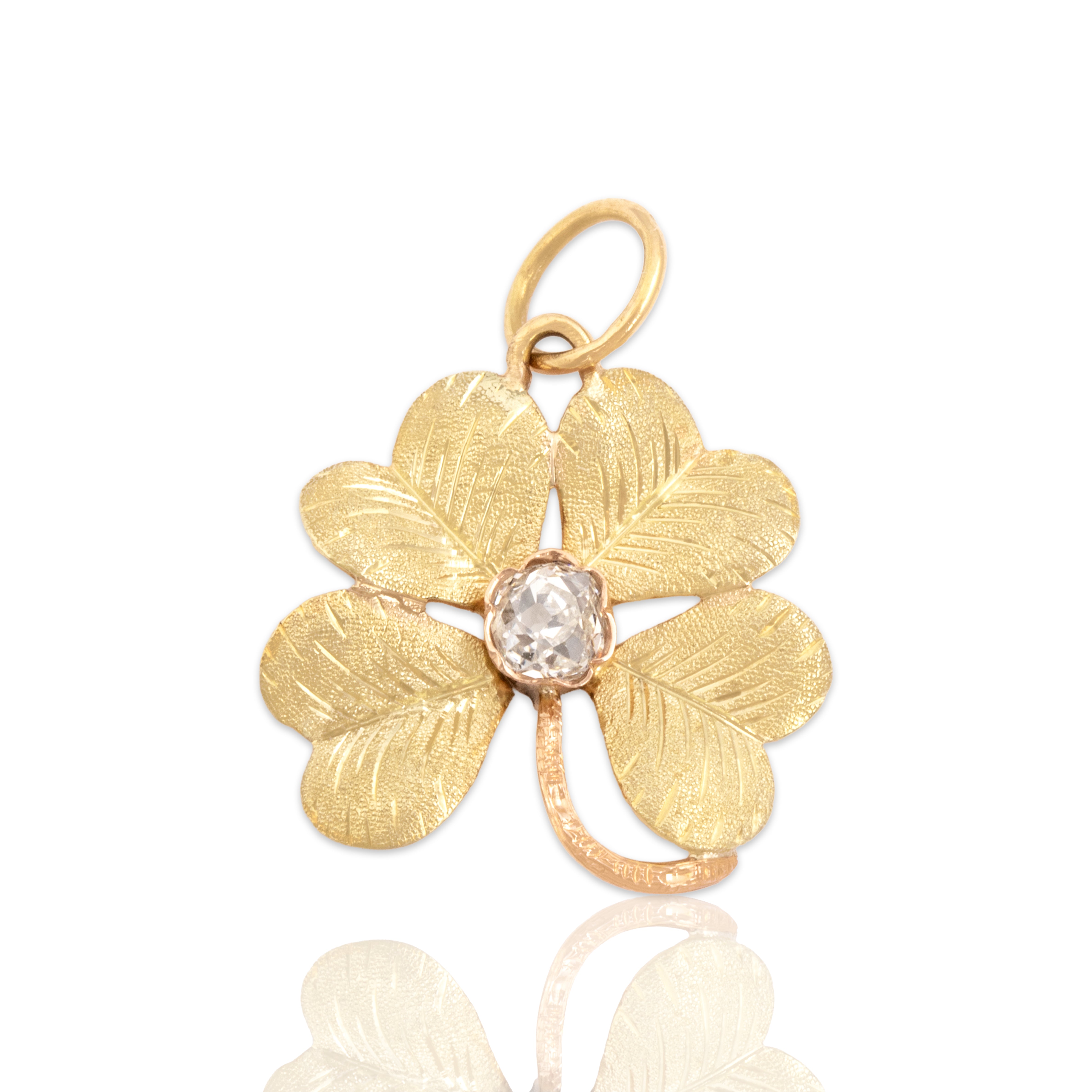 Antique Victorian 14k Yellow & Rose Gold Old Mine Cut Diamond Sparkling Textured Lucky Clover Charm / Pendant - Close-up view