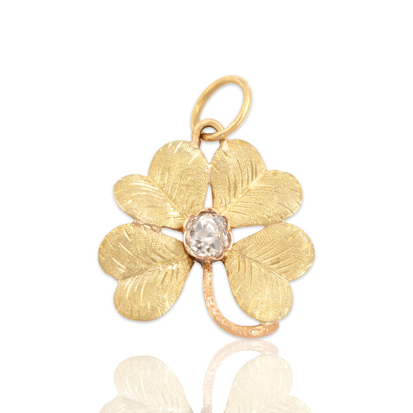 Antique Victorian 14k Yellow & Rose Gold Old Mine Cut Diamond Sparkling Textured Lucky Clover Charm / Pendant - Close-up view