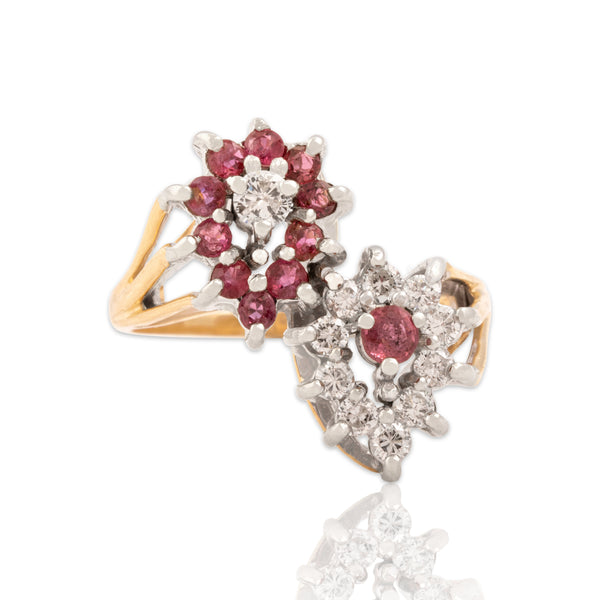 Vintage 14k Yellow & White Gold Diamond Ruby Fabulous Pear Halo Duo Ring 7.00