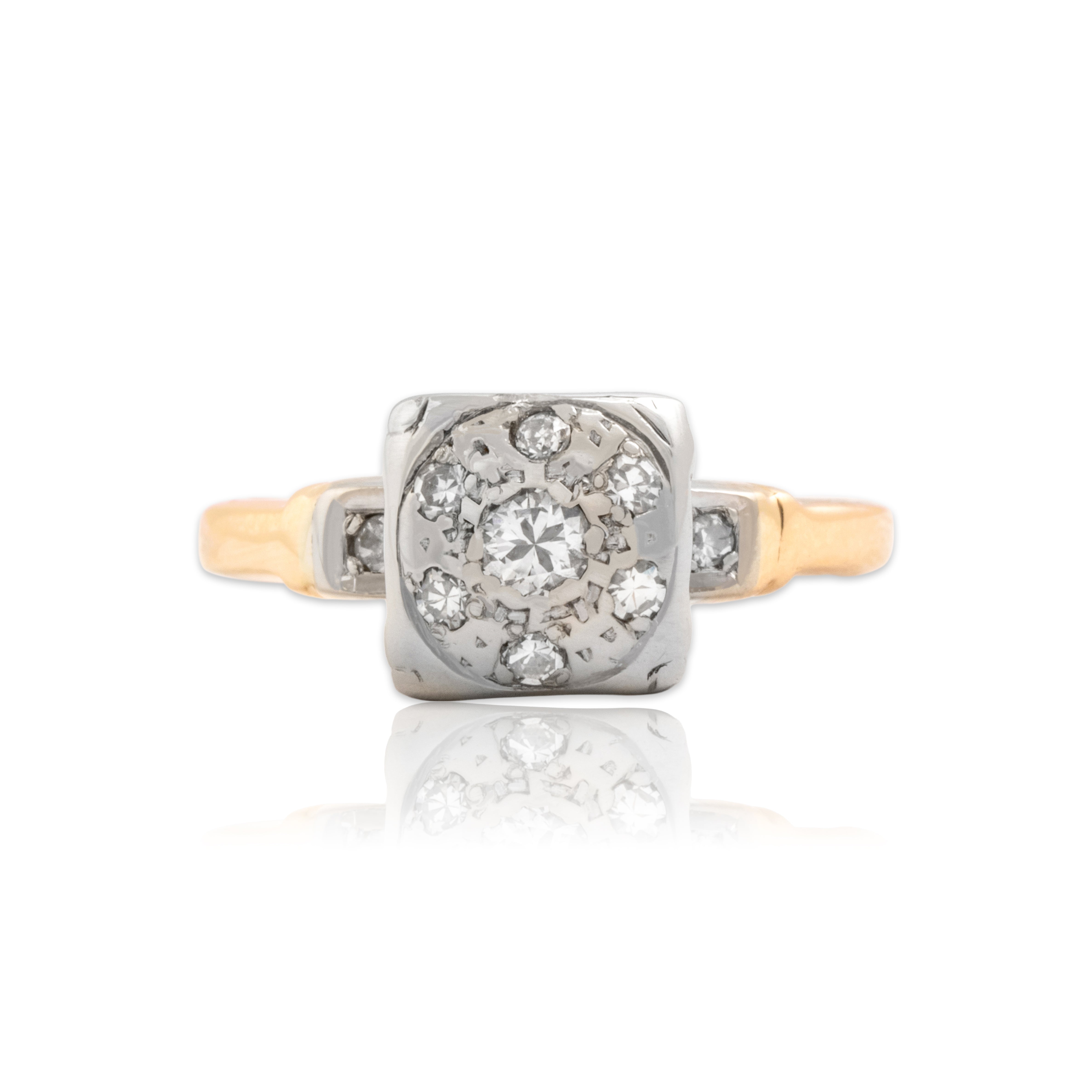 Vintage 14k Yellow & White Gold Diamond Square Illusion Cluster Ring 5.50