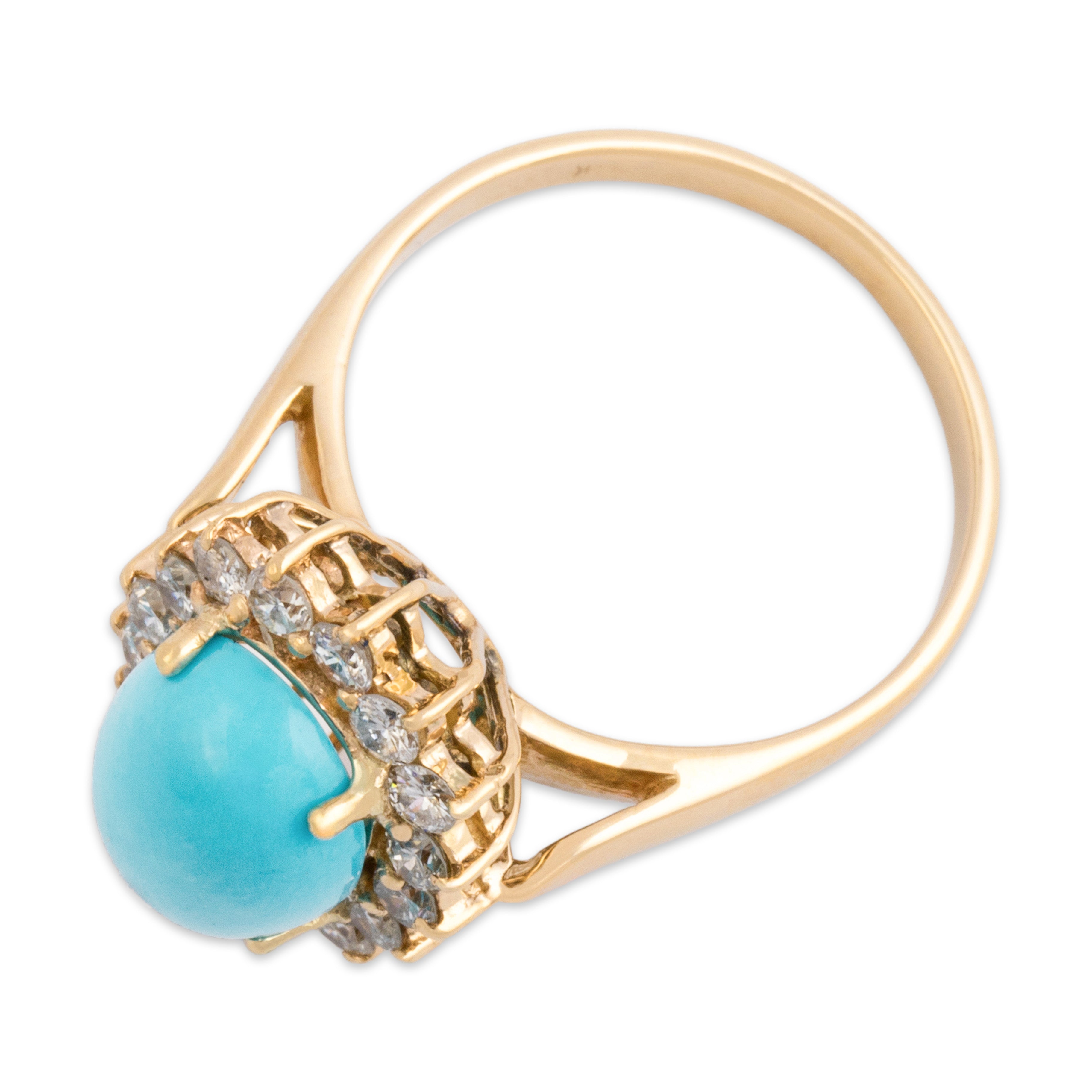 Vintage 14k Yellow Gold 1.91ct Robin's Egg Blue Turquoise Diamond Halo Ring 6.50