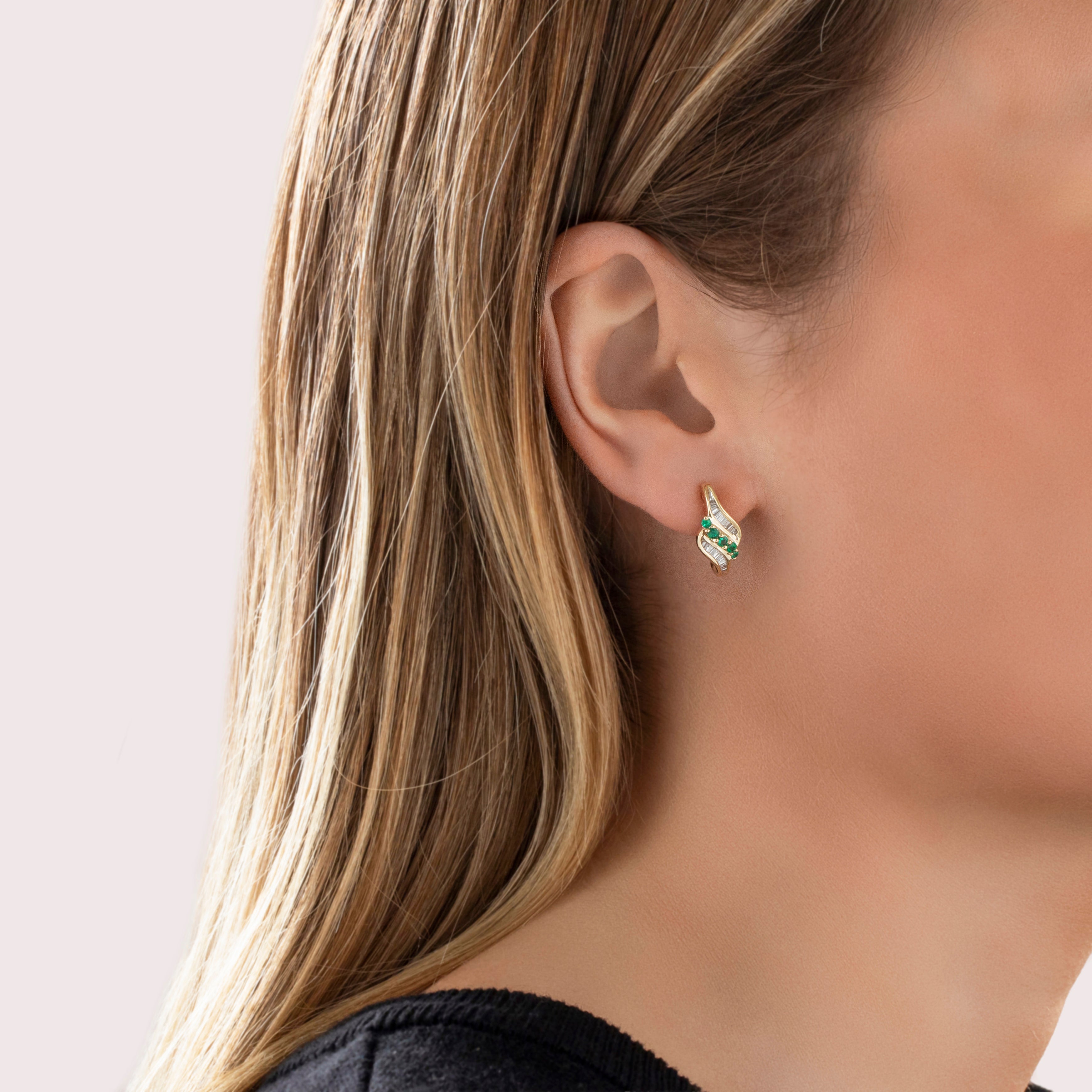 Vintage 14k Yellow Gold Emerald Diamond Dazzling Baguette Channel Drop Earrings - On model view