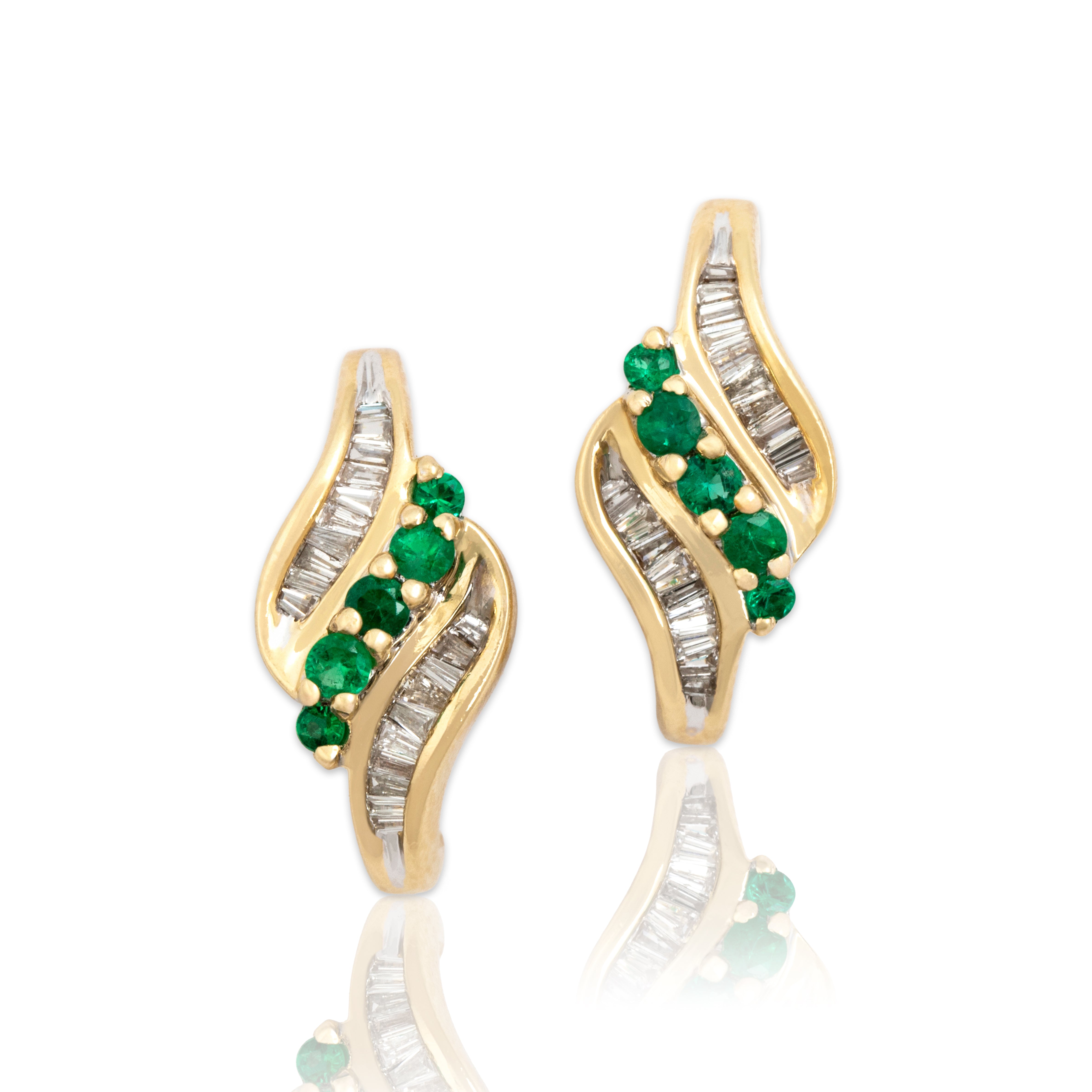 Vintage 14k Yellow Gold Emerald Diamond Dazzling Baguette Channel Drop Earrings - Close-up view
