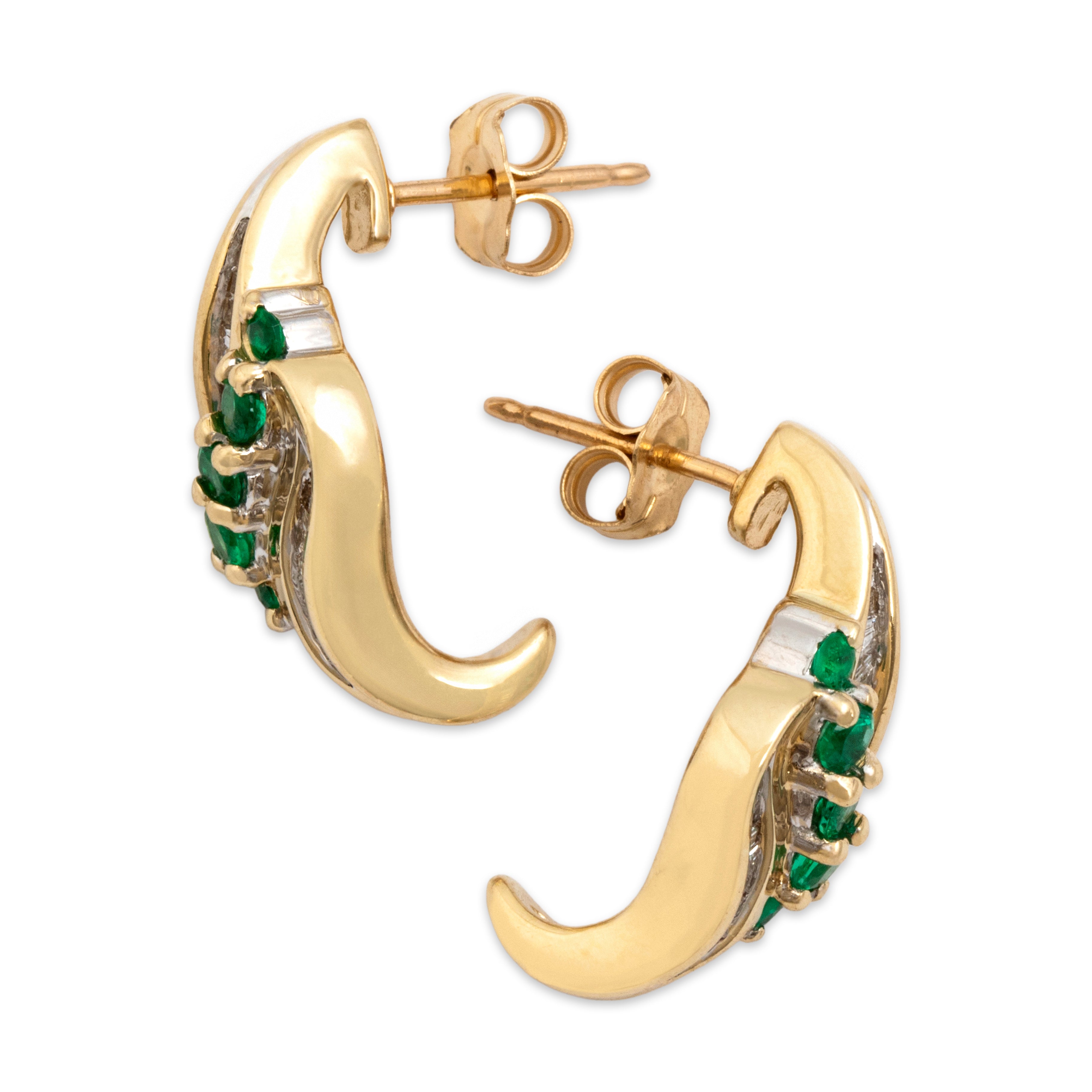 Vintage 14k Yellow Gold Emerald Diamond Dazzling Baguette Channel Drop Earrings - Side view